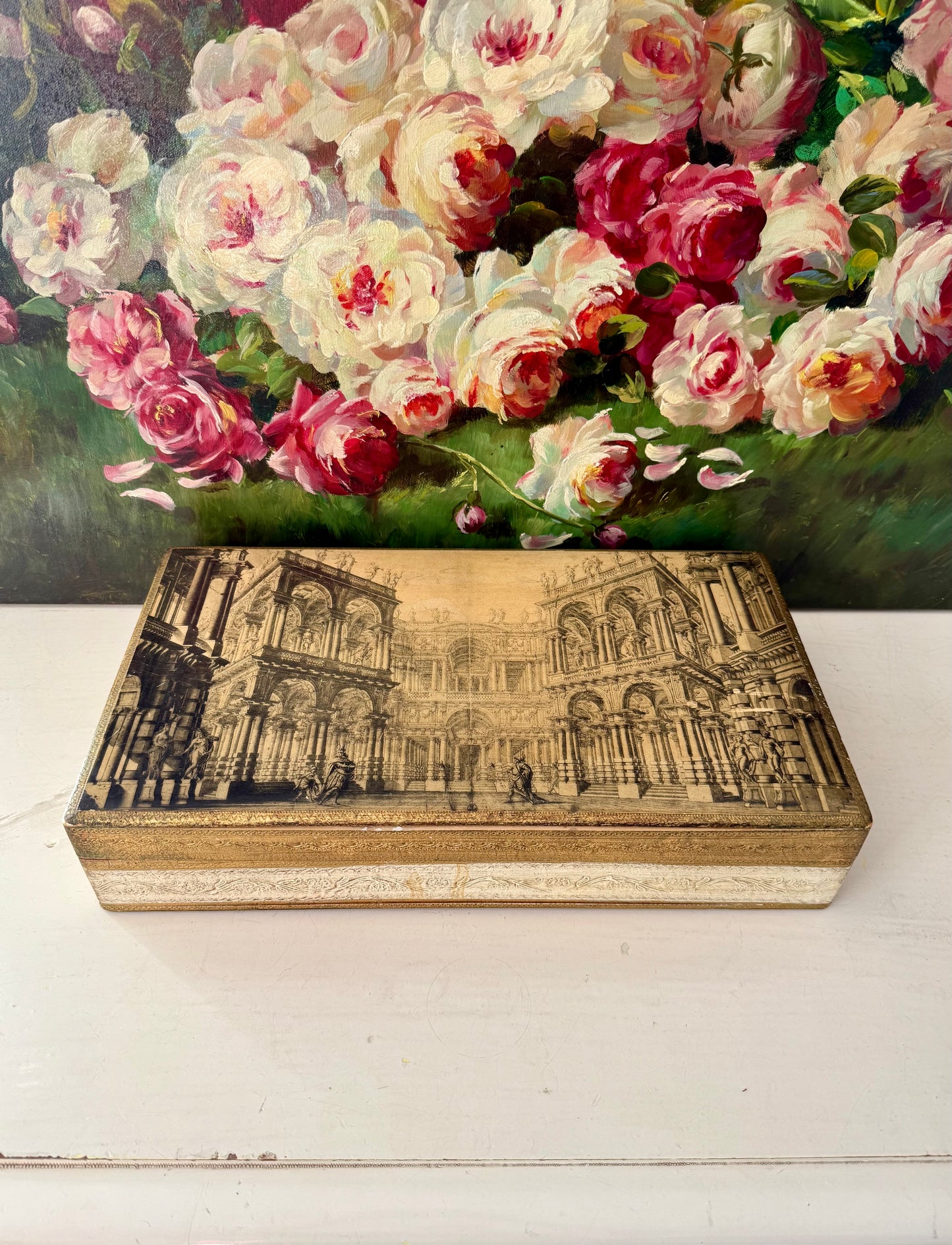 Fratelli Alinari Architectural Gold gilded Large Vintage Wooden Florentine Jewelry Box, Made in Italy