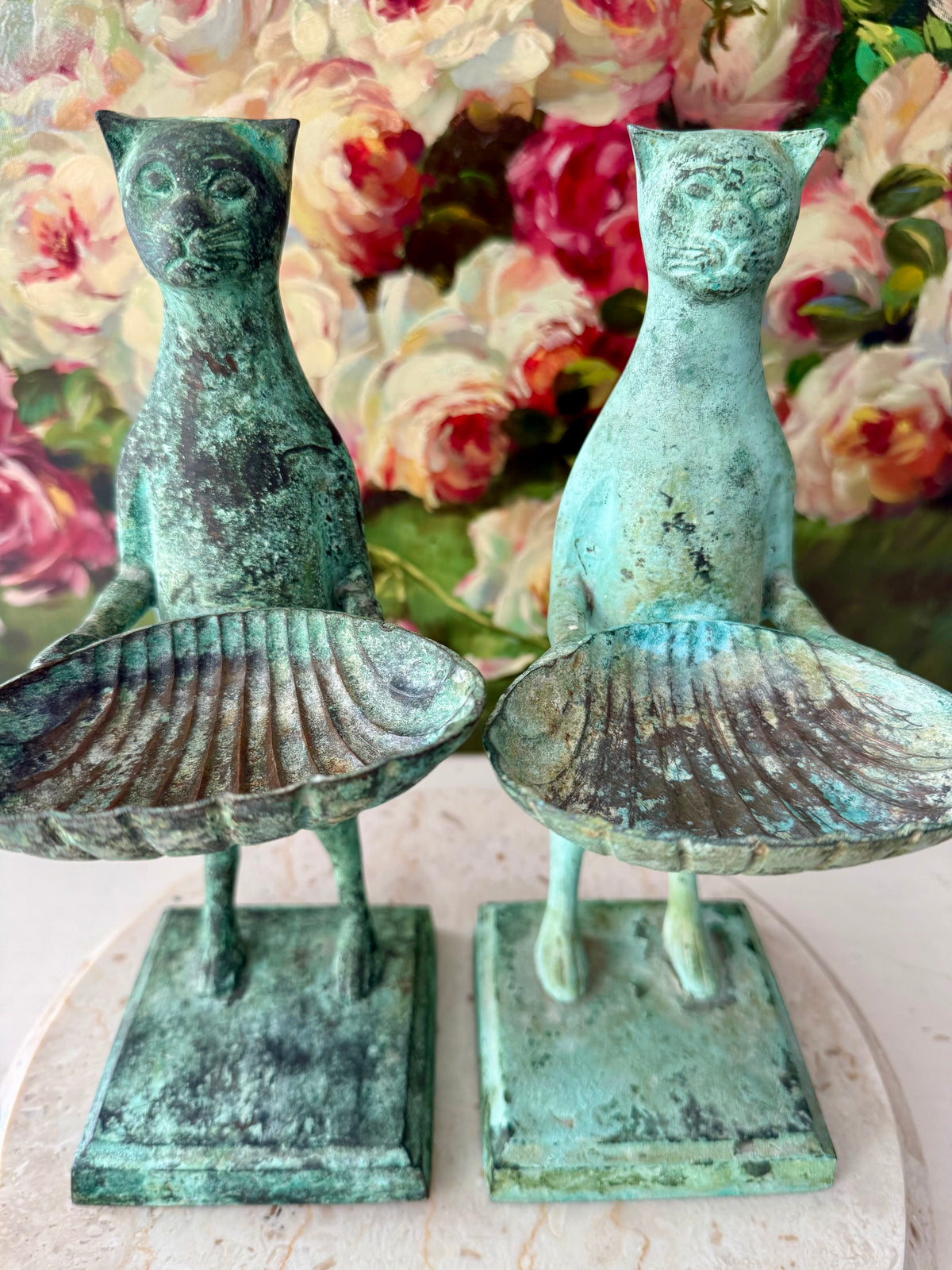 Antique Diego Giacometti-Style Patinated Bronze "Cat Butler" Statues, often used as Soap Dishes, Business Card Holders, or Trinket Trays - This price applies to a single item only!