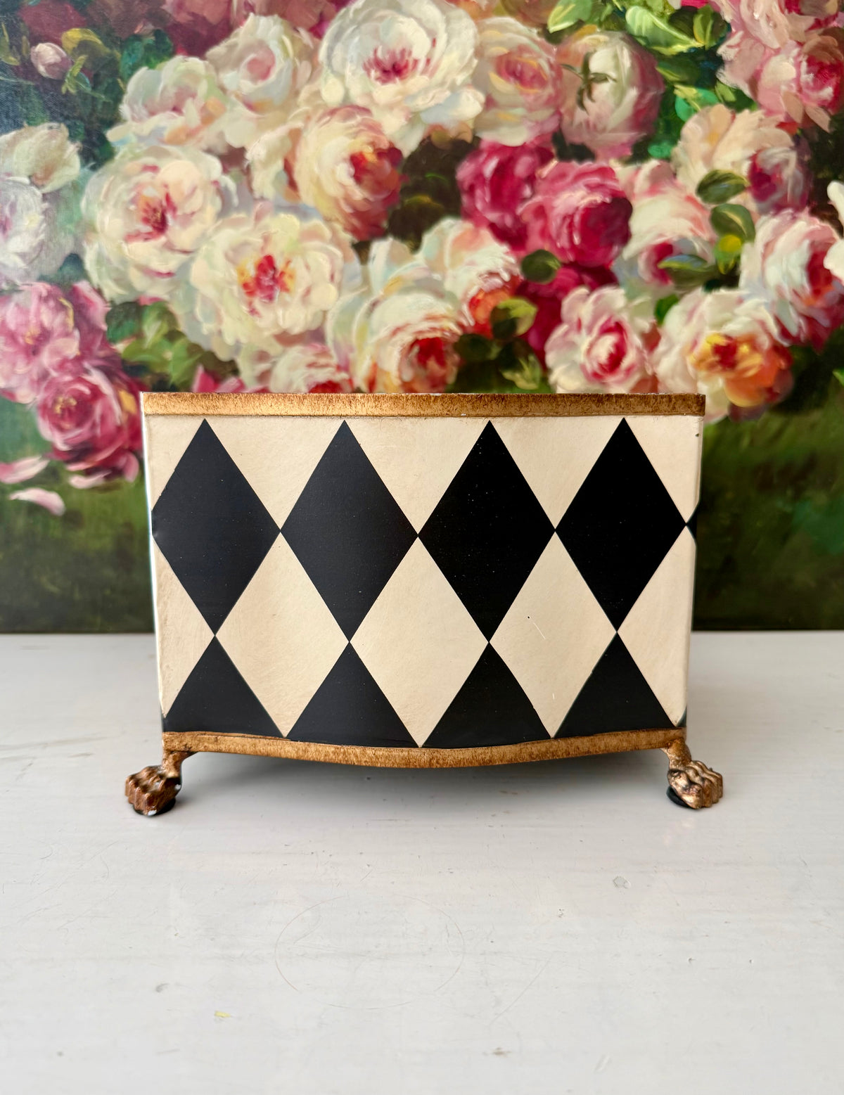 Vintage Hand-painted Metal Flower Pot/Planter with a Harlequin Pattern and Claw Feet