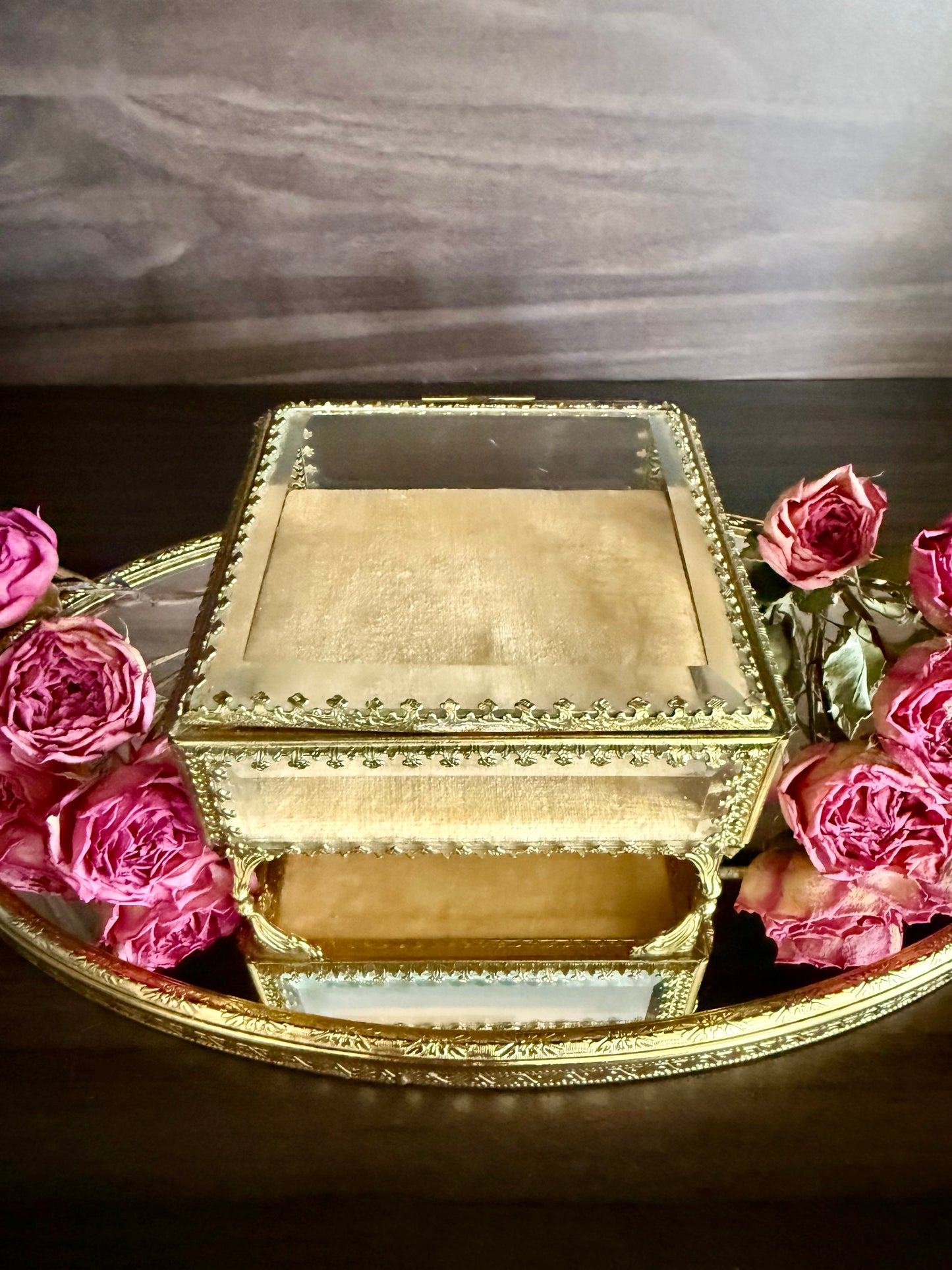 French Style Beveled Glass Vintage Brass Footed Jewelry Casket or Trinket Box from the 1950s