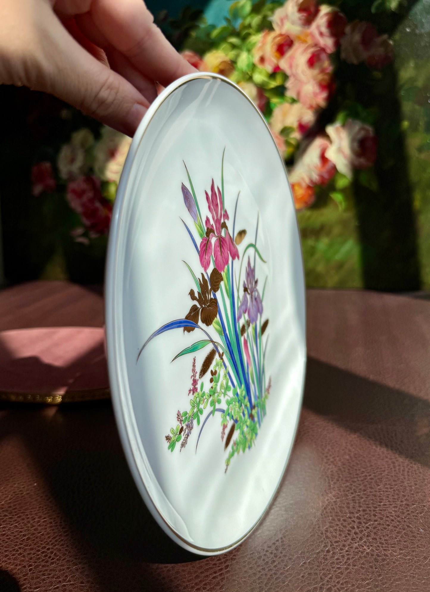 Iris Flower Design Hand-Painted and Gold Trim Vintage White Porcelain Plate - Made in Japan