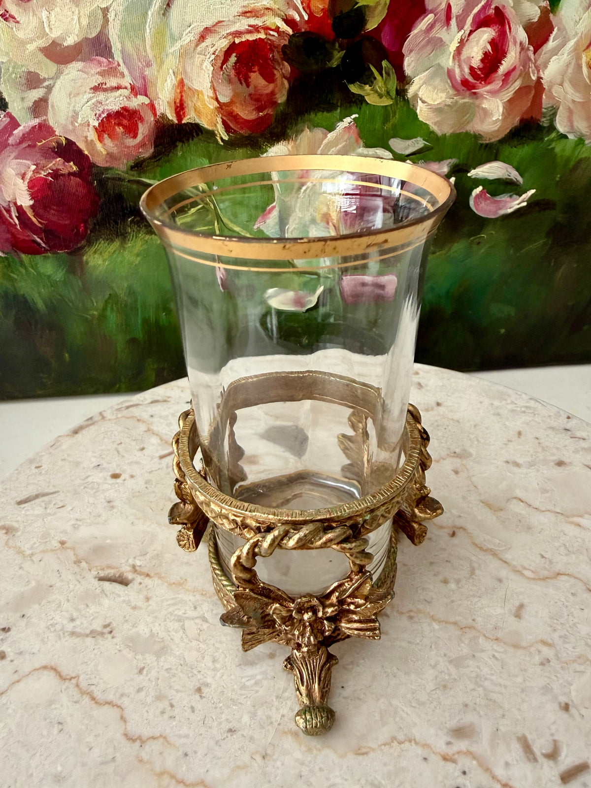 Vintage Hollywood Regency Italian Style Gold-plated Brass Ornate Floral Tumbler Stand with Glass Vase