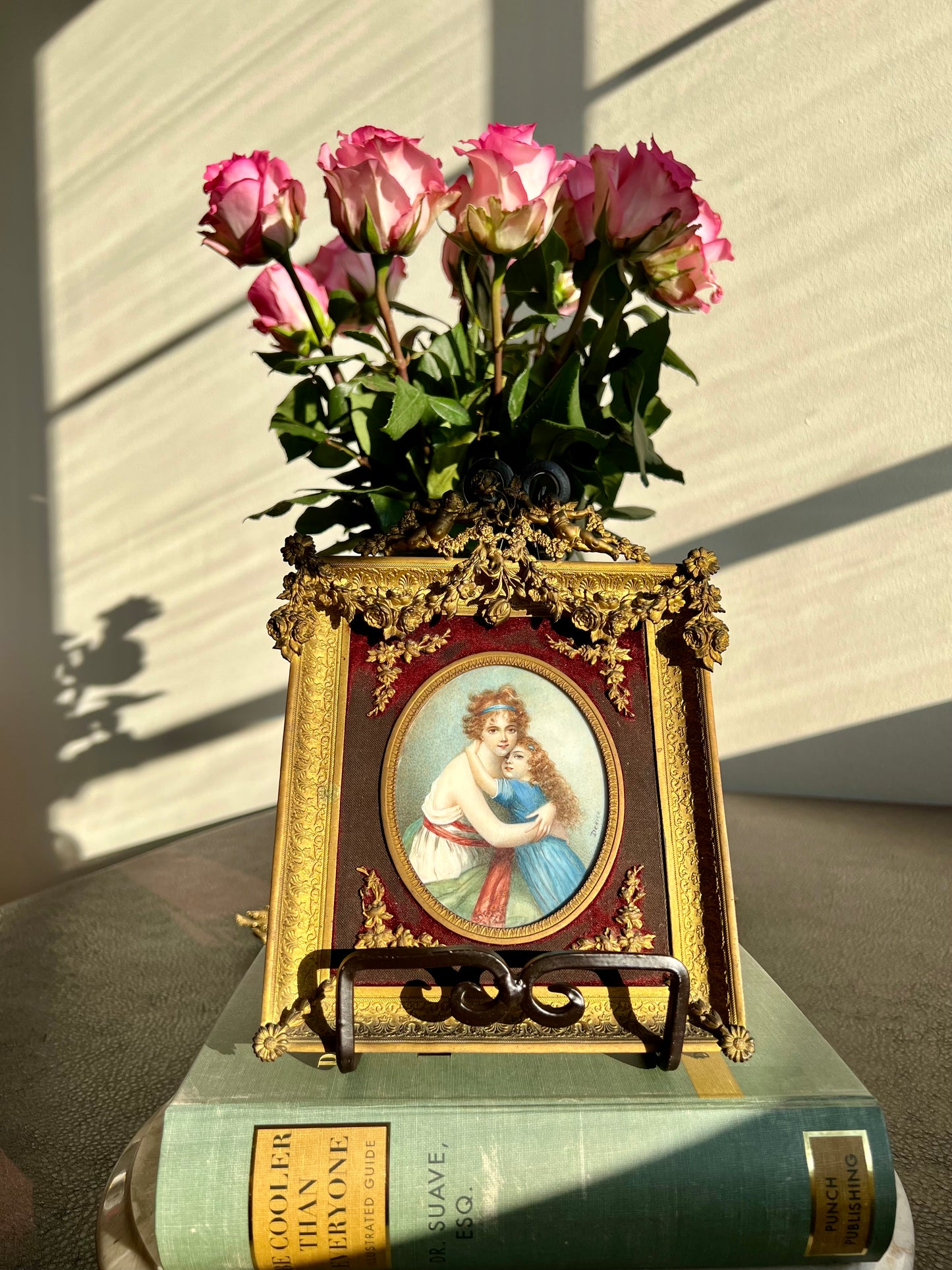 Antique French Mother and Daughter Miniature Portrait Signed Painting, Bronze Framed circa Late 19th Century