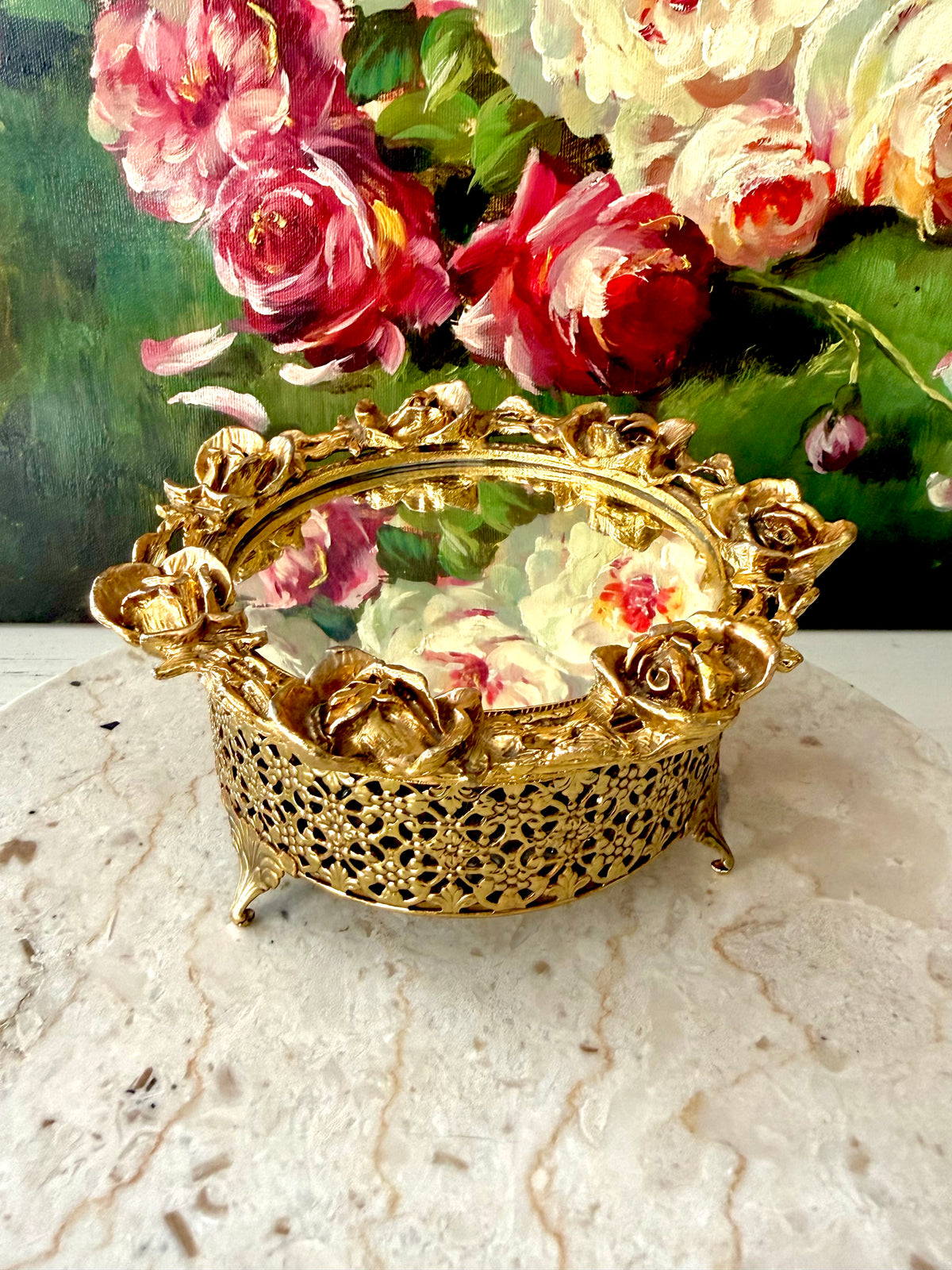 1960s Hollywood Regency Vintage 24K Gold-plated Ormolu Filigree with Mirrored Glass and Rose Motifs Trinket Box or Powder Jar