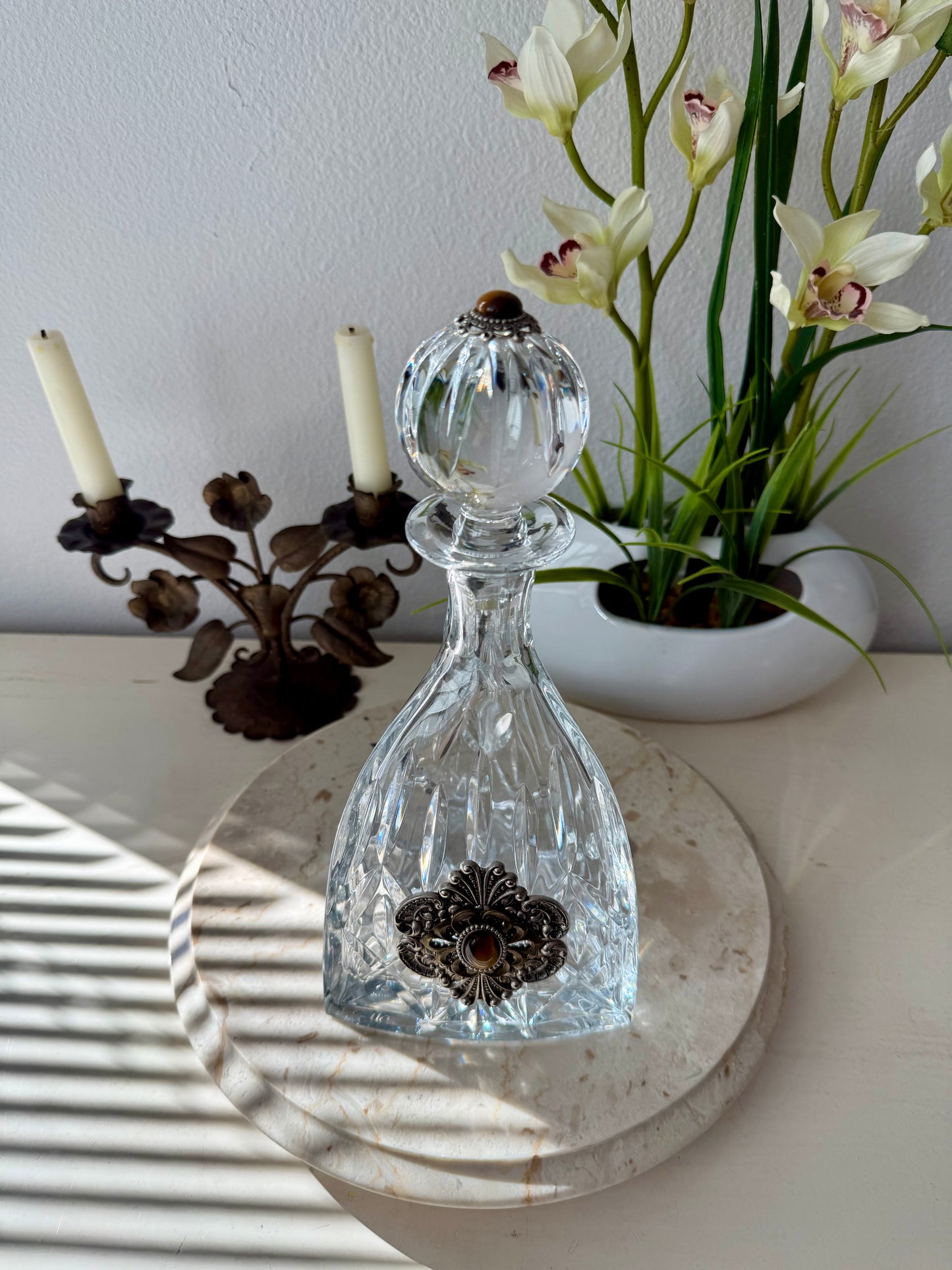 Ann Cichon Dallas Vintage Crystal Decanter with Stopper and Silver Tone Metal Jewels and Stones