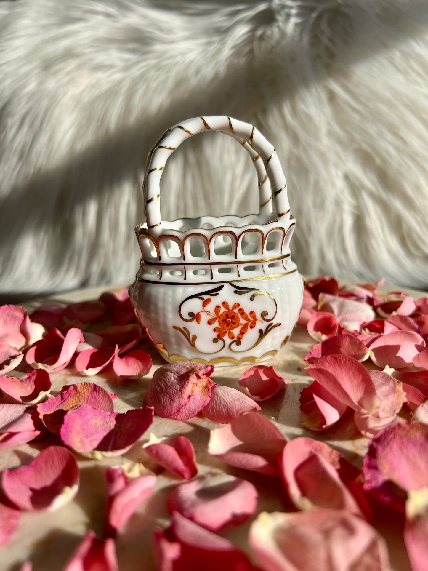 Herend Rust/ Orange Color Bouquet Reticulated Mini Porcelain Basket with Handle - Made in Hungary