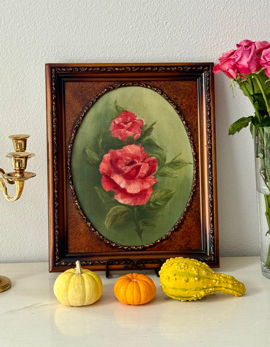 Vintage Oil Painting Red Roses on Canvas in Wooden Frame Signed by the Artist