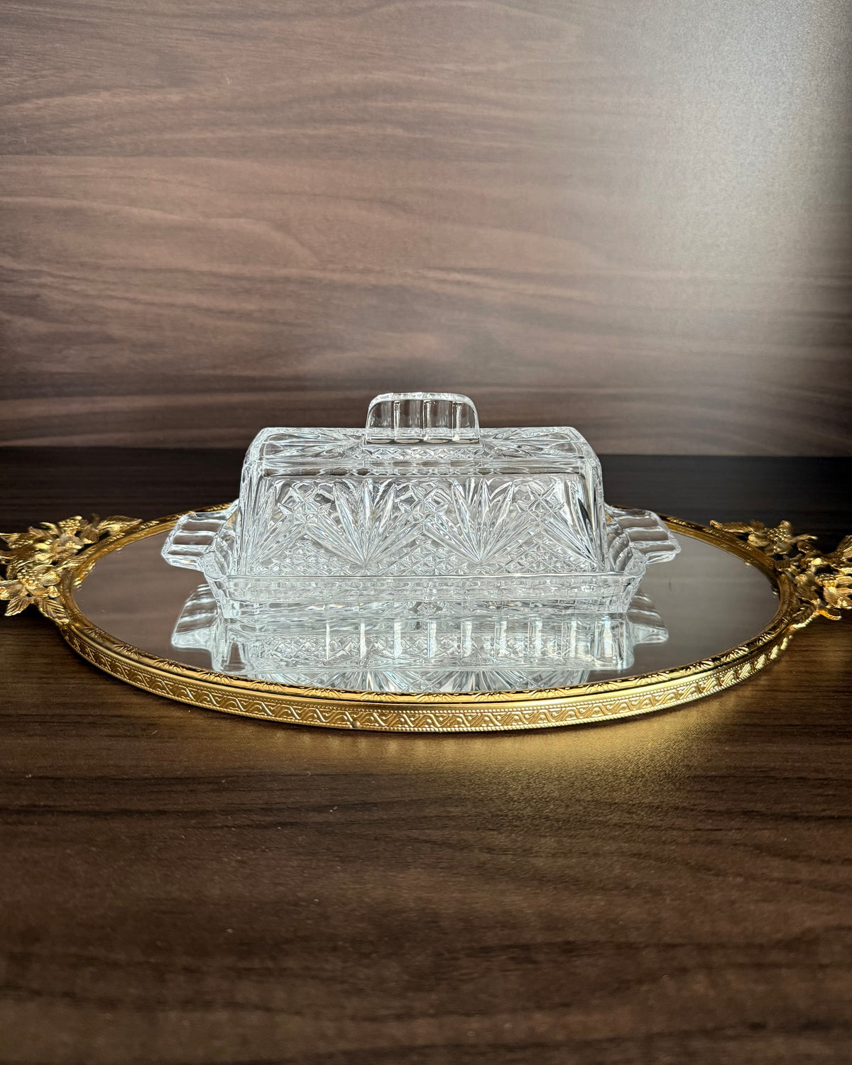 Vintage Cut Crystal Glass Butter Dish with a "Cherrywood Clear" Style Pattern