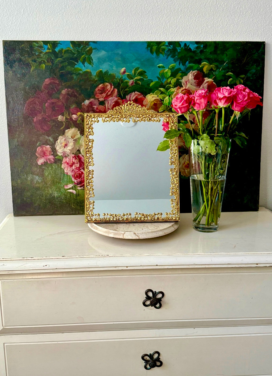 Antique/ Vintage French Victorian Style Gold-gilded Brass Framed Wall or Table Mirror with Flowers Decoration on the Frame