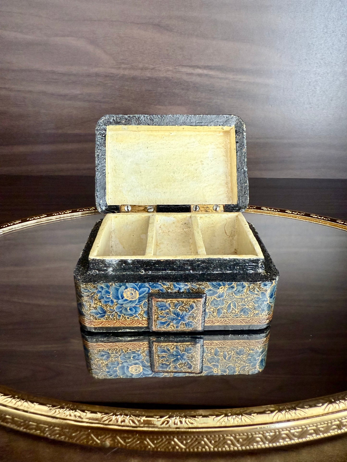 Beautiful Vintage Blue and Gold Hand-Painted Wooden Kashmir Papier-Maché Ring Holder or Jewelry Box