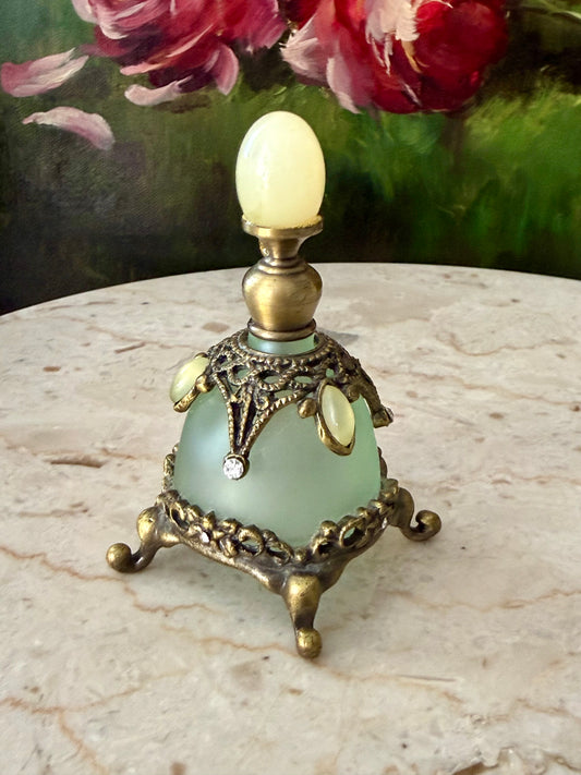 Vintage Frosted Green Glass Perfume Bottle Decorated with Rhinestones and Gemstones - Empty