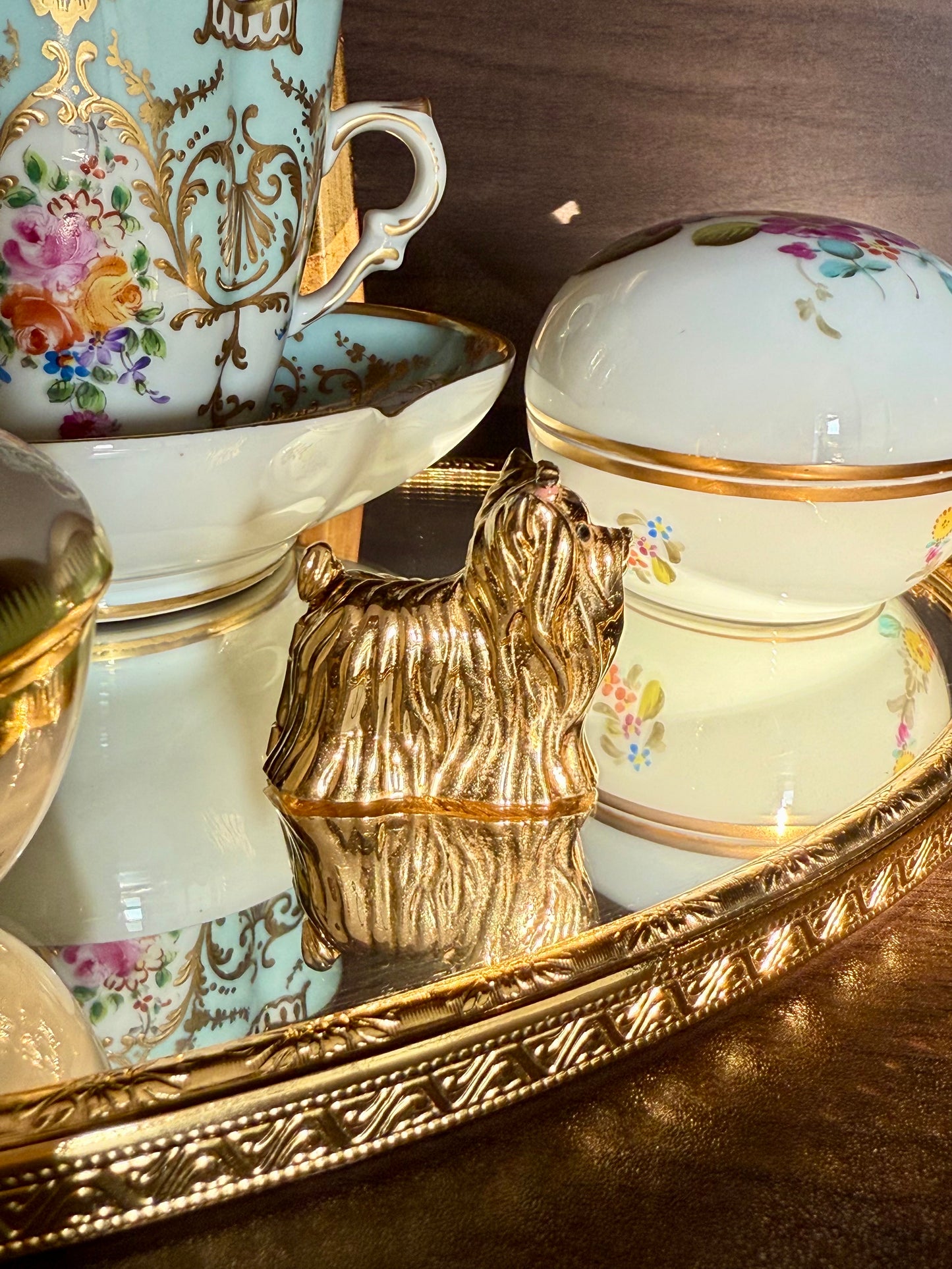 Estée Lauder Vintage Gold Plated Perfume Compact Dog with Pink Ribbon