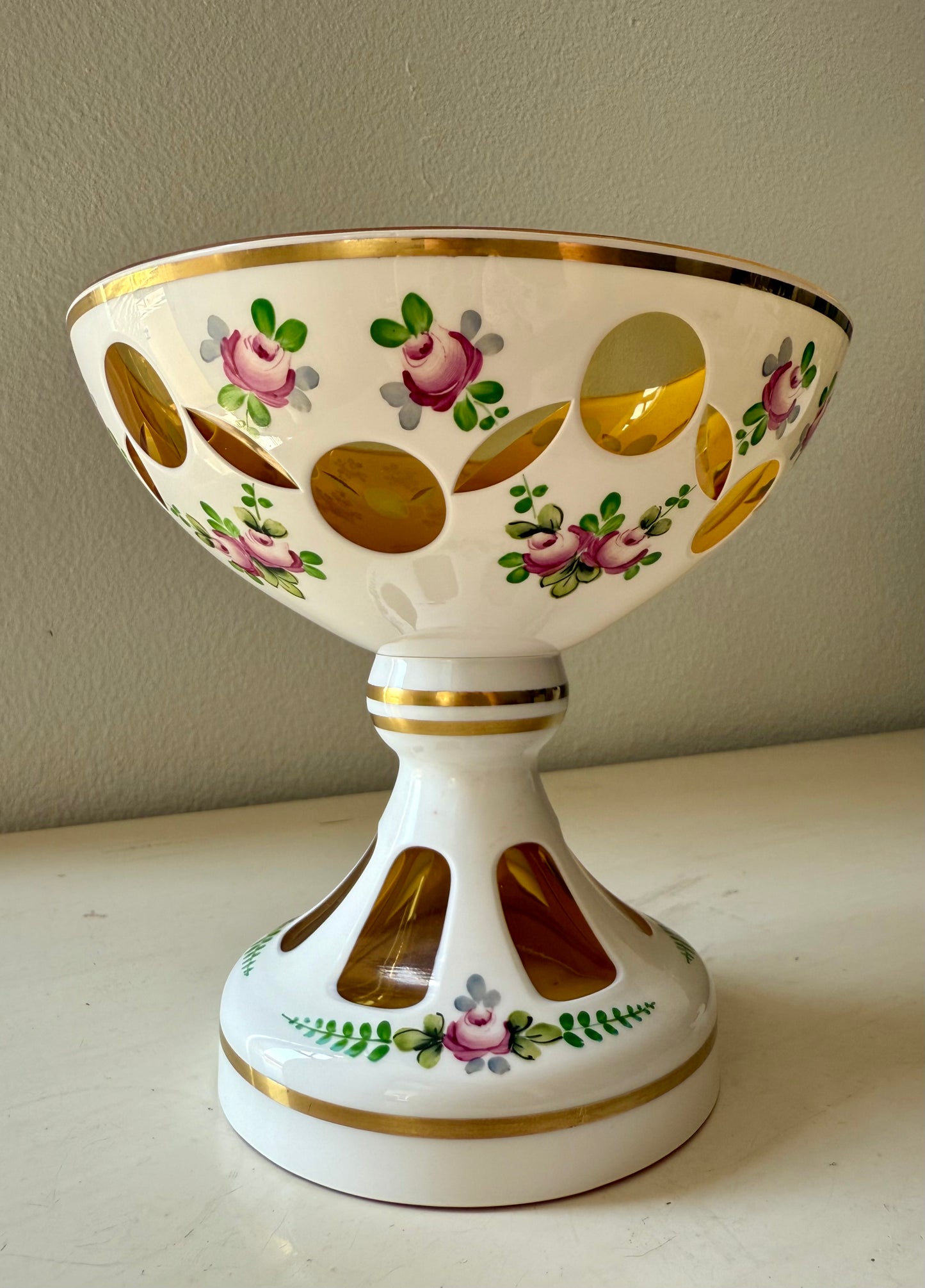 Bohemian Vintage Moser Style Czech Republic Cut Glass Bowl and Floral Painted Candy or Fruit Dish