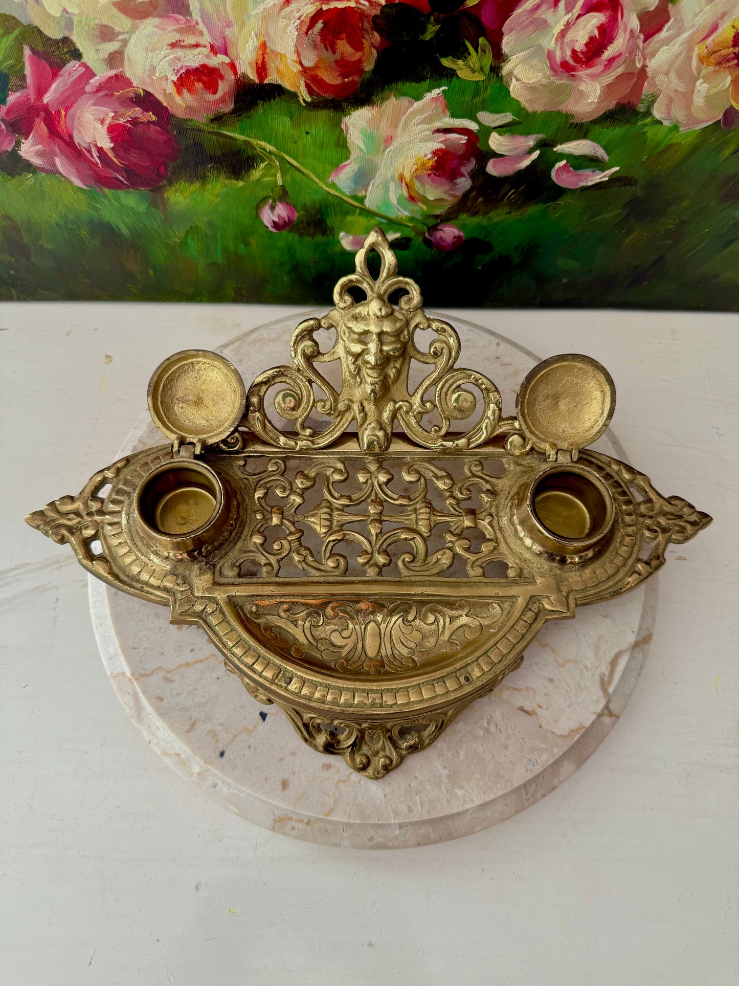 Andrea by Sadek Vintage Large Ornate Double Brass Inkwell, Made in Japan