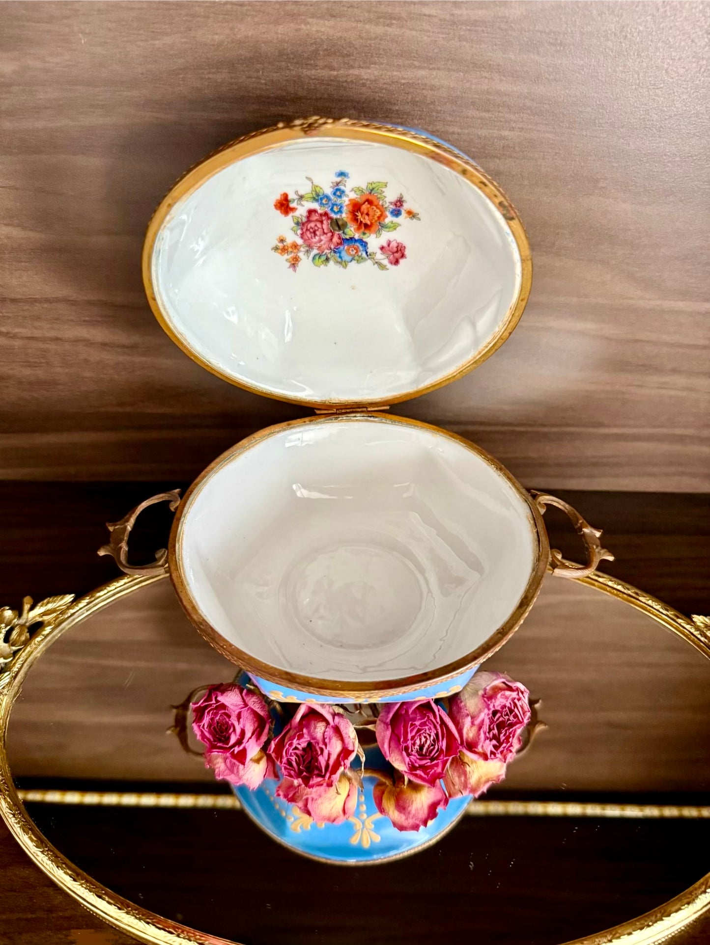 Antique Capodimonte Footed Hand Painted Blue Porcelain Dresser Box, Made In France