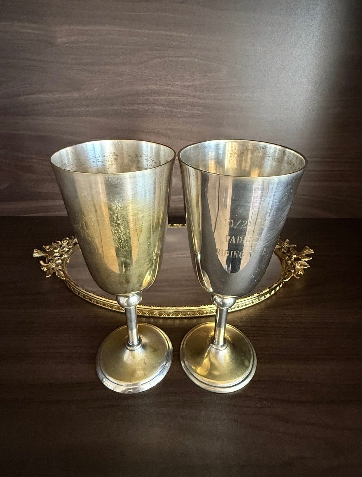 A Pair of Vintage Silver-Plated Wine Glasses with Long Stems and Slightly Flared Tops - these from the estate of Hollywood actor, writer, director, and producer Howard Storm