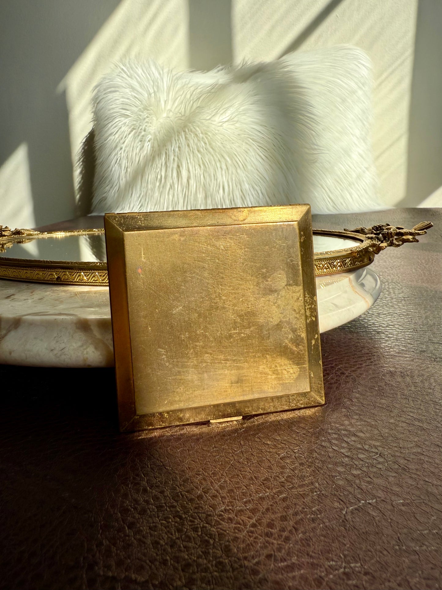 1940s Voluptè Brass Cameo Lady Vintage Makeup Powder Compact Mirror with Hearts and Gemstones Decoration - Made in USA