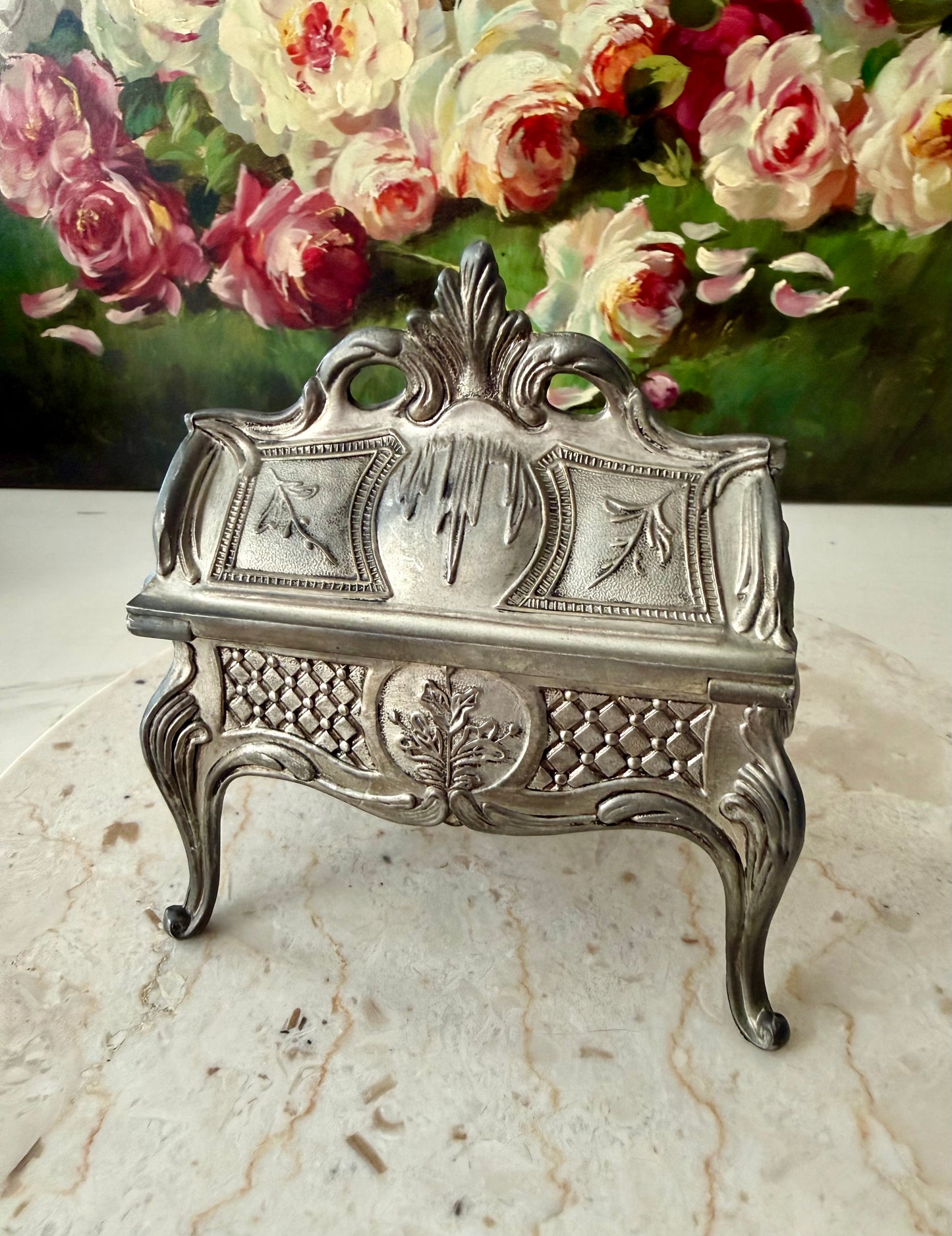 Antique Art Nouveau French Style Silver Plated Jewelry Casket Velvet Lined Romantic Trinket Box