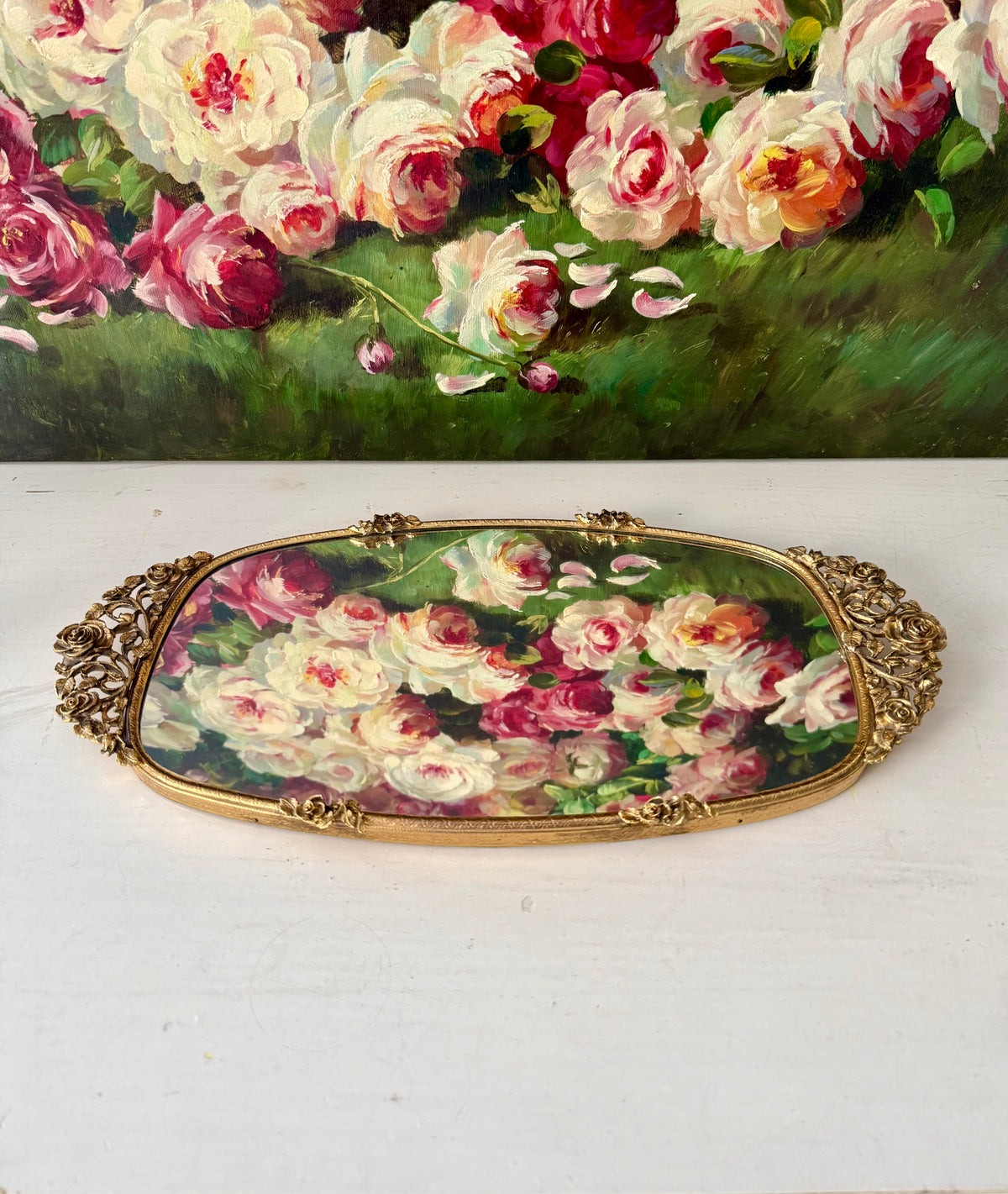 Matson Hollywood Regency Vintage Ornate 24K Gold Gilt Vanity Perfume Mirror Tray with Roses Motifs