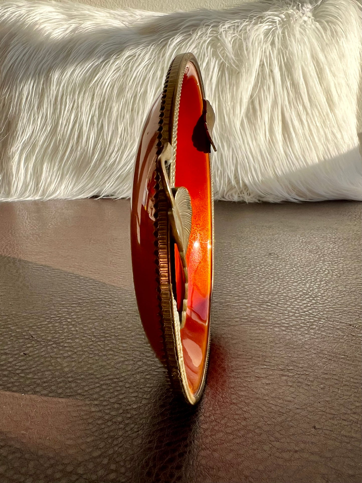 1980s Vintage Orange Round Enamel on Metal Dish or Jewelry Tray by Evans