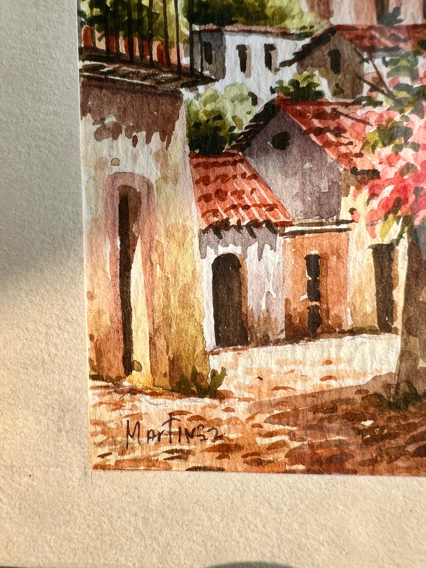 Watercolor Original Art Signed Vintage Painting with Gilded Wooden Frame