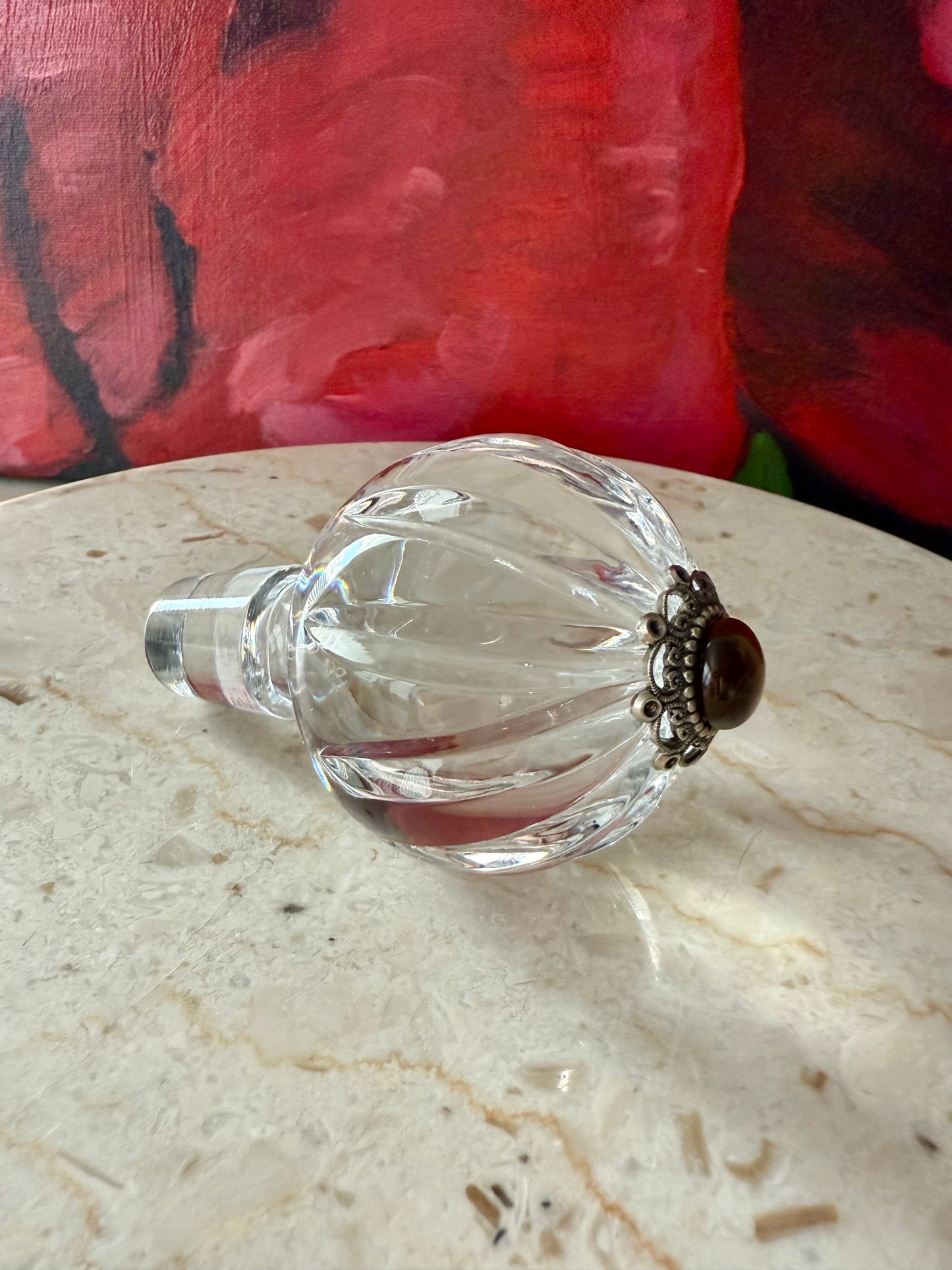 Ann Cichon Dallas Vintage Crystal Decanter with Stopper and Silver Tone Metal Jewels and Stones