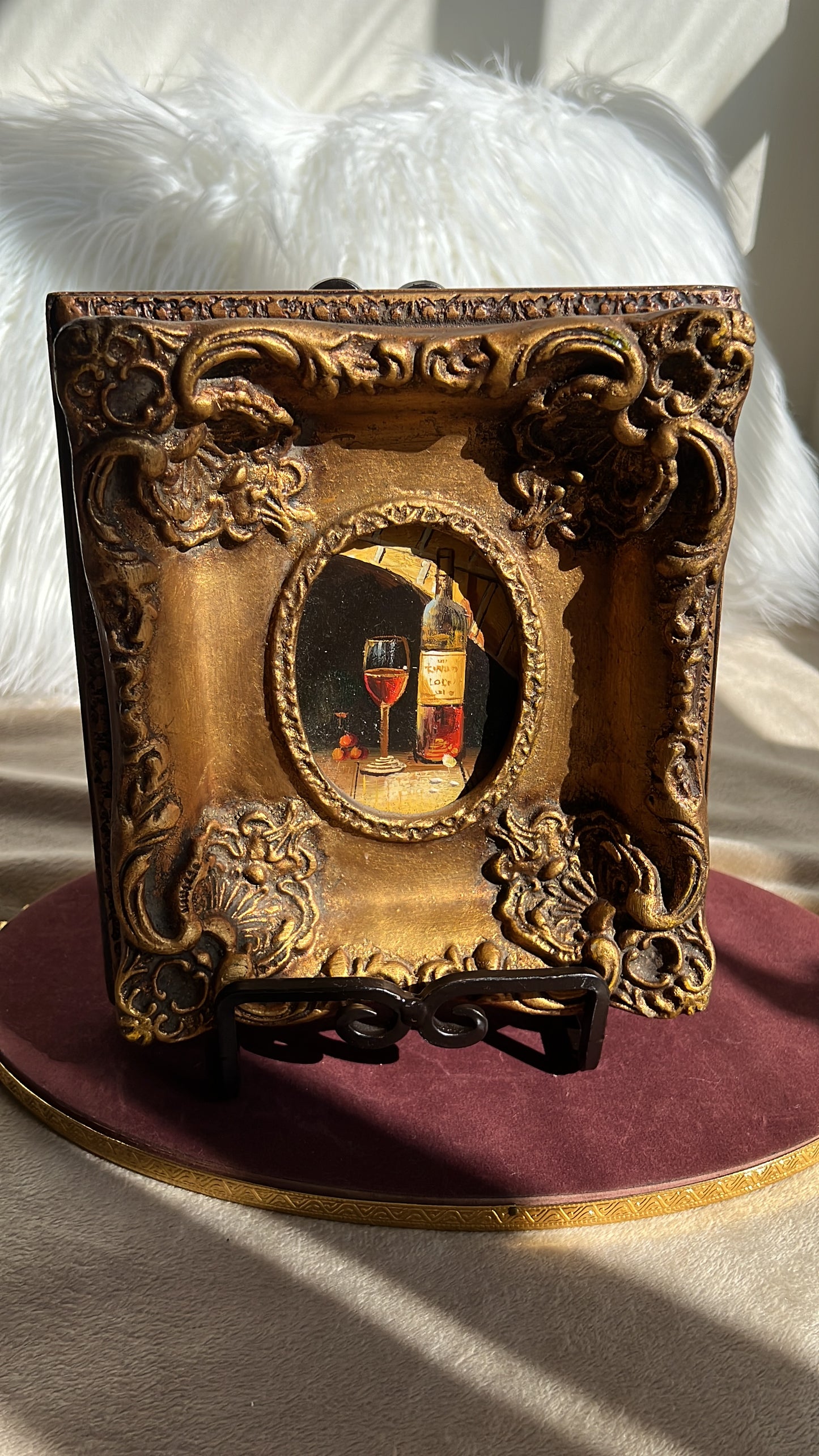 Glass and a Bottle of Wine Vintage Mini Oil Painting with Gilded Frame