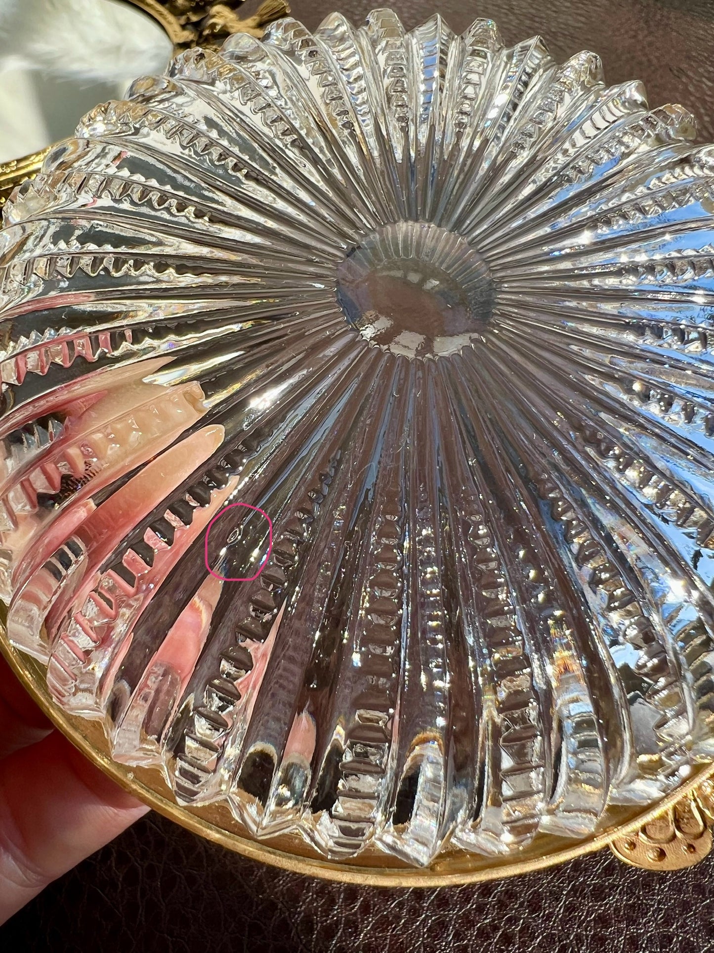 French Cut Crystal Glass Vintage Trinket Dish with Gilt Rim and Butterfly