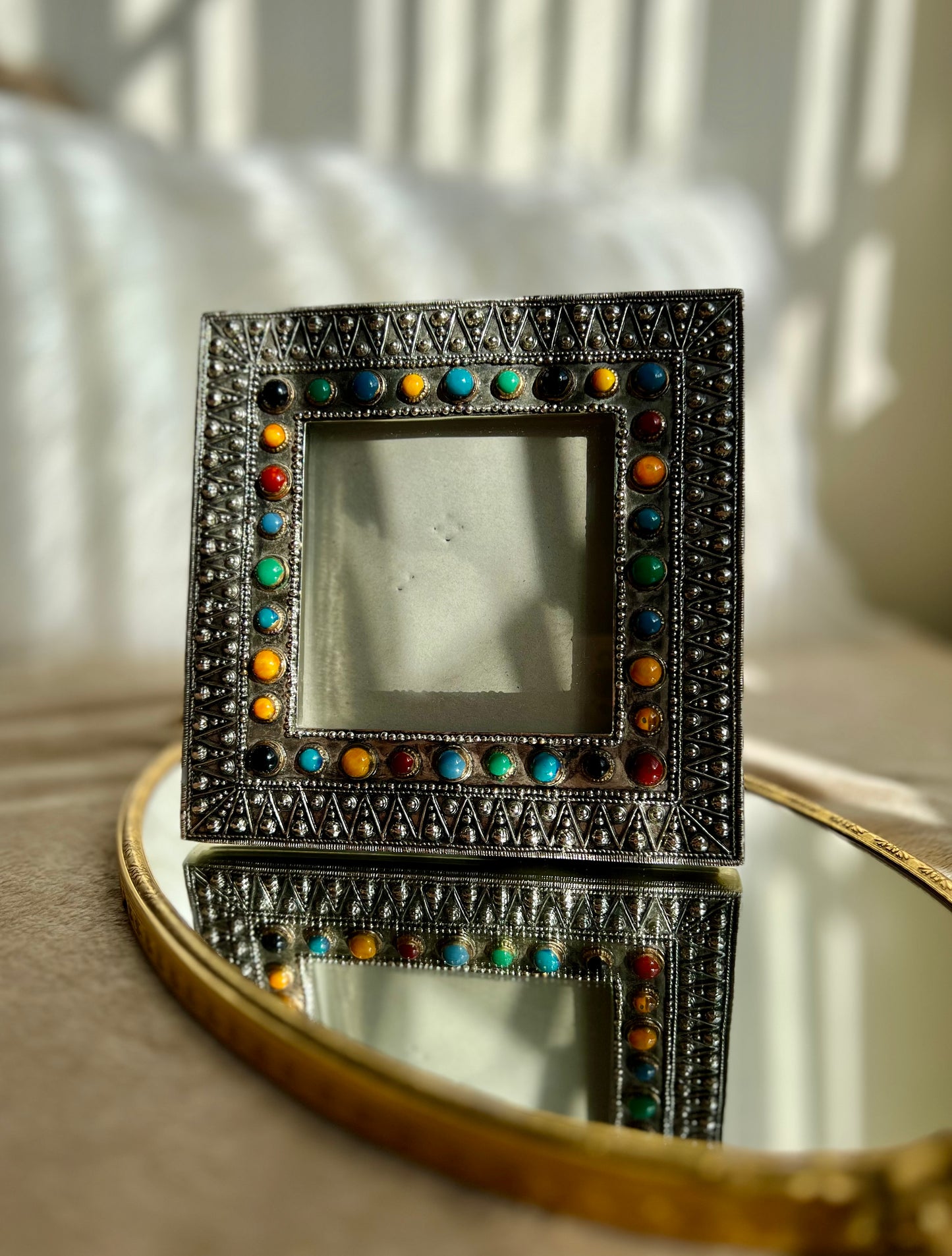 Unique Art Deco/ Pop Up Style Vinatage Silver Photo Frame with Colorful Stones Decorated