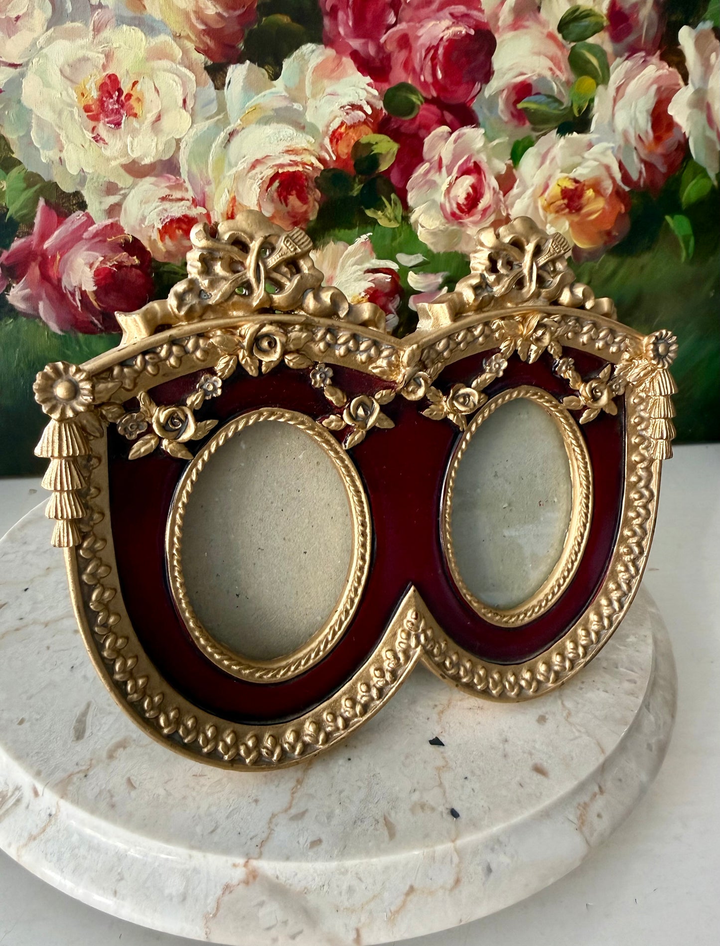 French Baroque Style Vintage Gold And Burgundy Oval Double Photo Frame (NOT Brass)