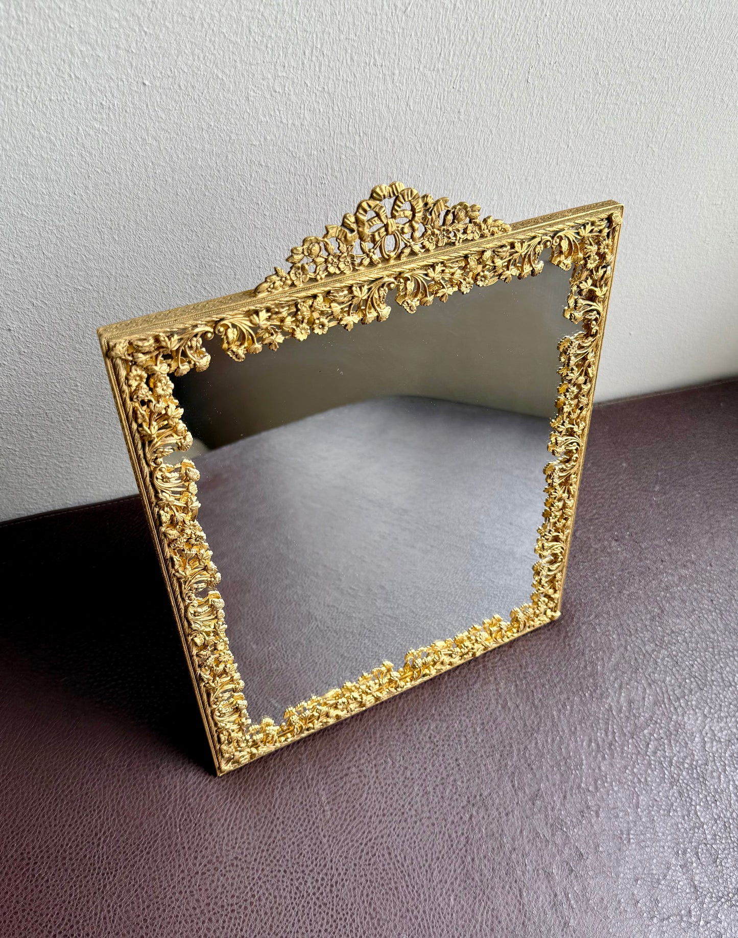 Antique/ Vintage French Victorian Style Gold-gilded Brass Framed Wall or Table Mirror with Flowers Decoration on the Frame