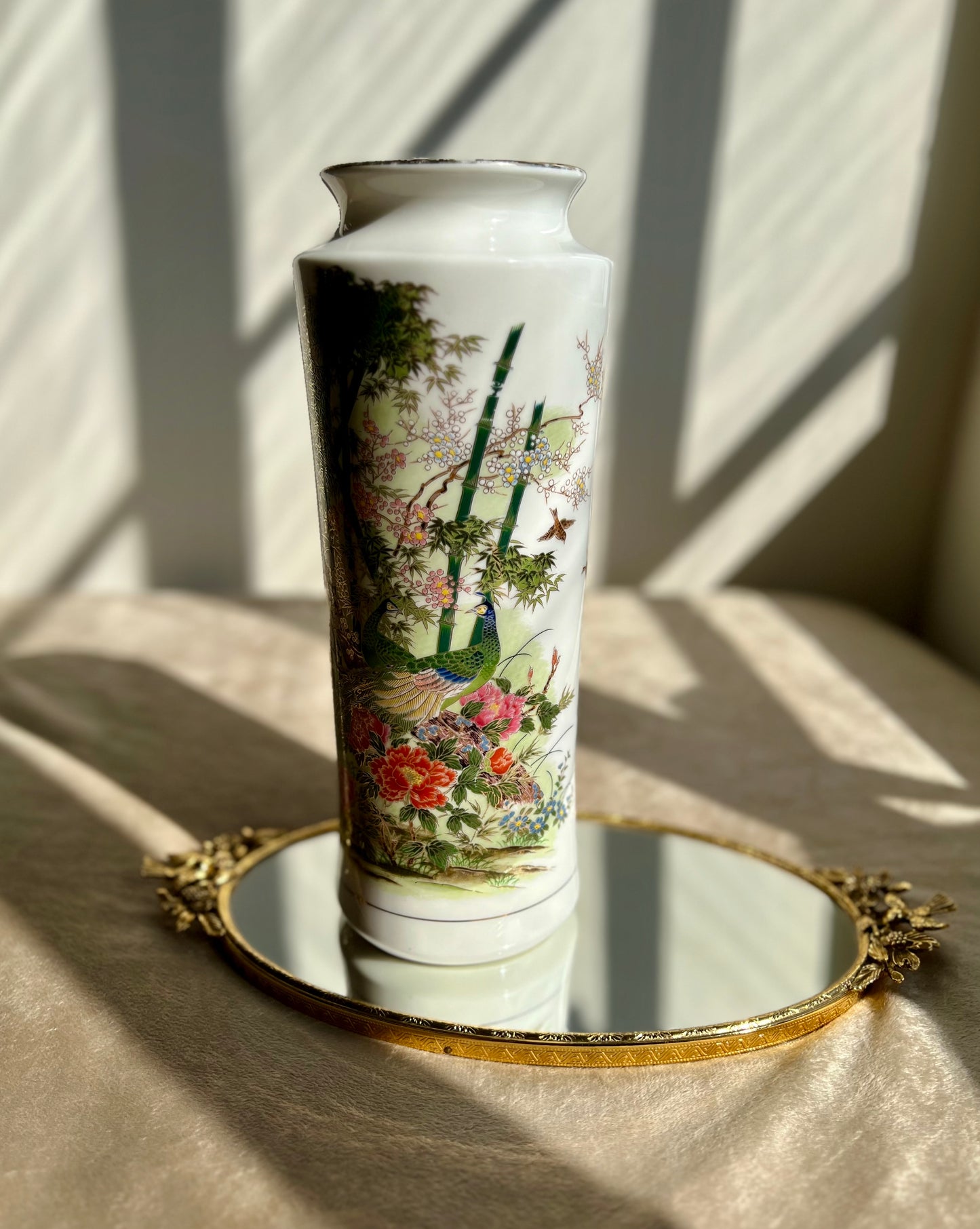 Gold Trim Vintage Peacock Tall Porcelain Japanese Vase