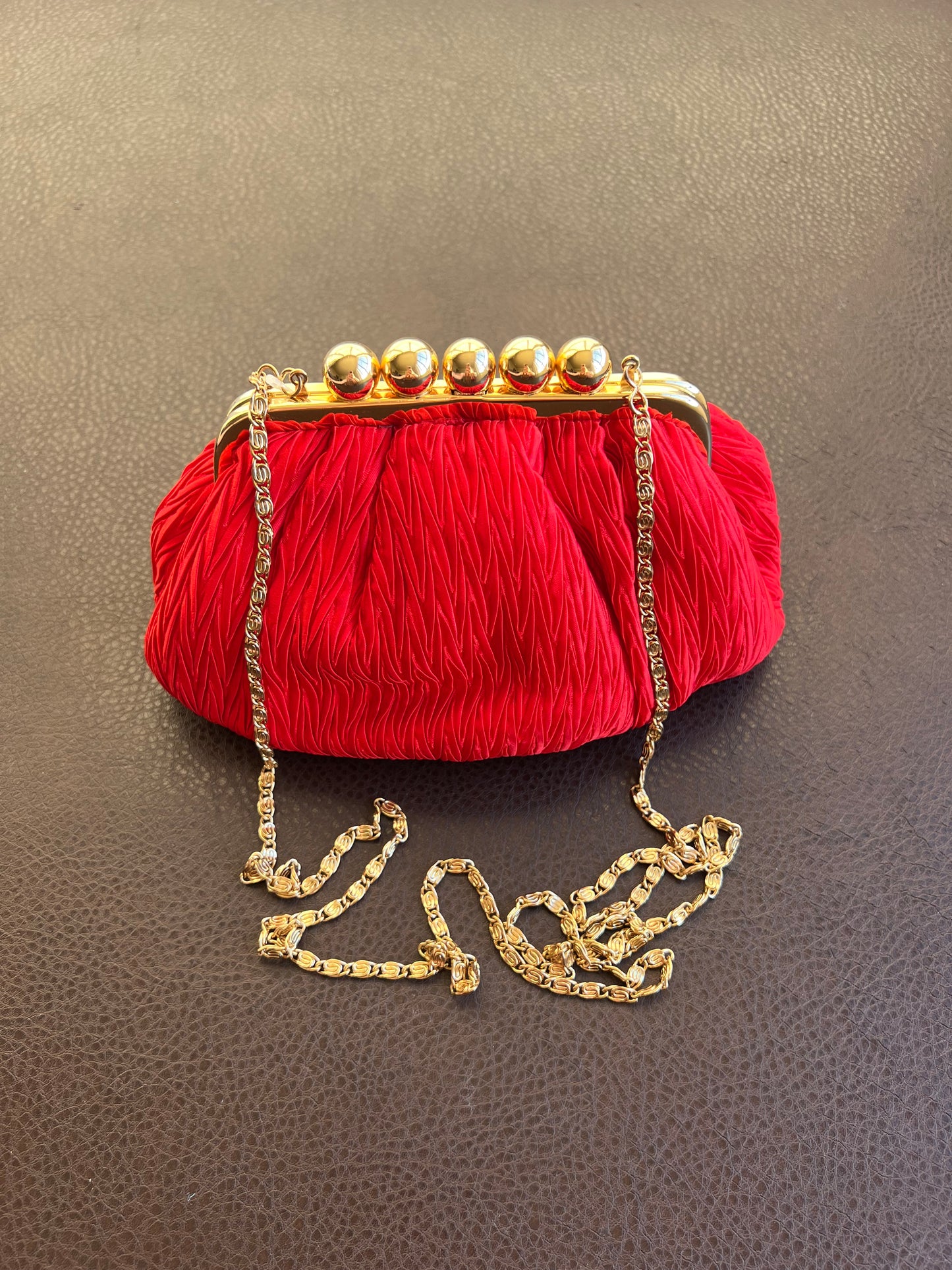 Crossbody Clutch, Robinsons Vintage Red Evening Purse, Handbag (1980s, 1990s) Pleated Satin