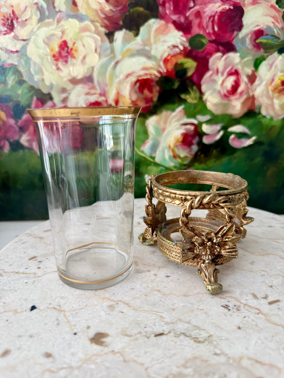 Vintage Hollywood Regency Italian Style Gold-plated Brass Ornate Floral Tumbler Stand with Glass Vase