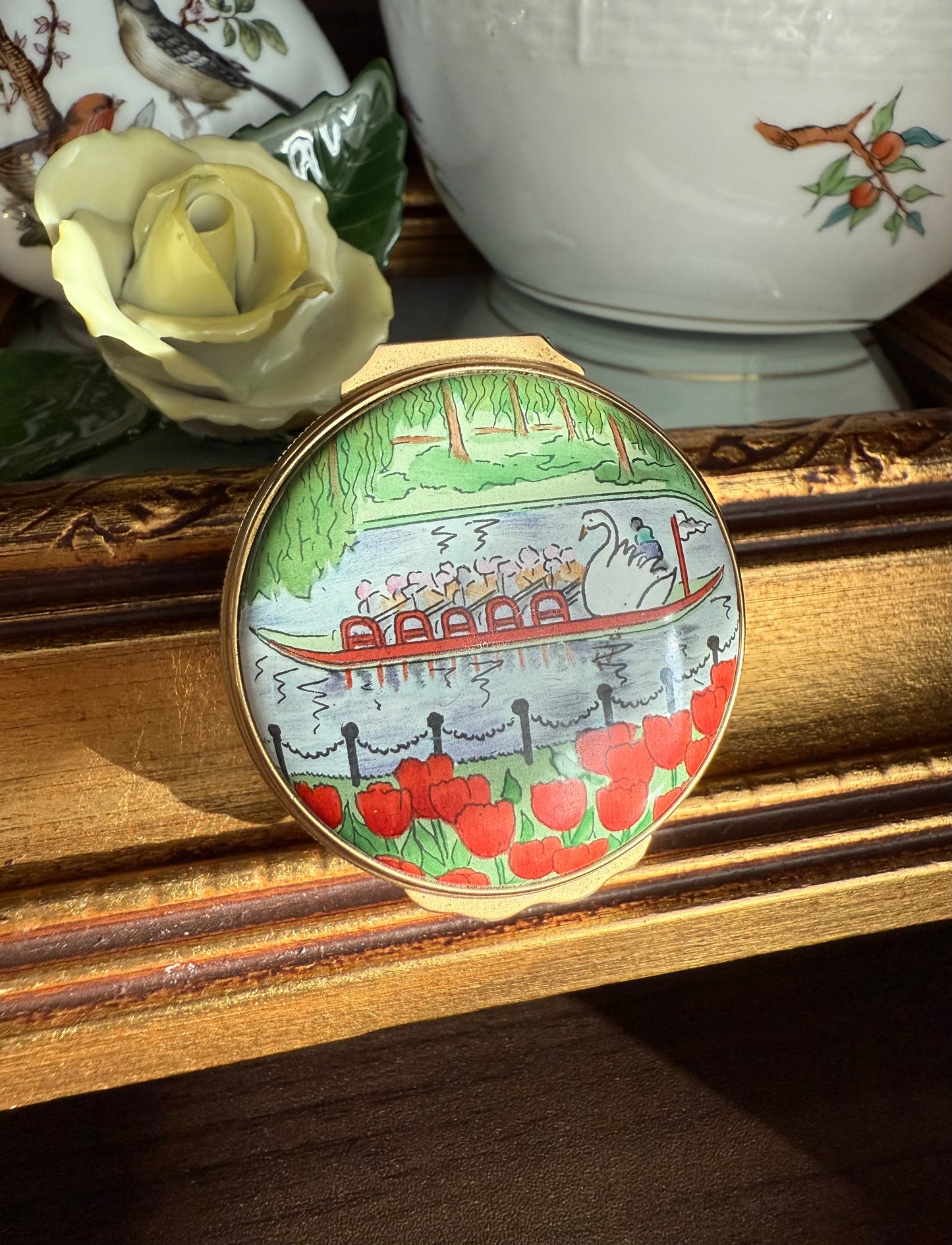 Halcyon Days Designed by Tiffany & Co. Boston Swan Boats Vintage Enamel Pill, Jewelry or Trinket Box