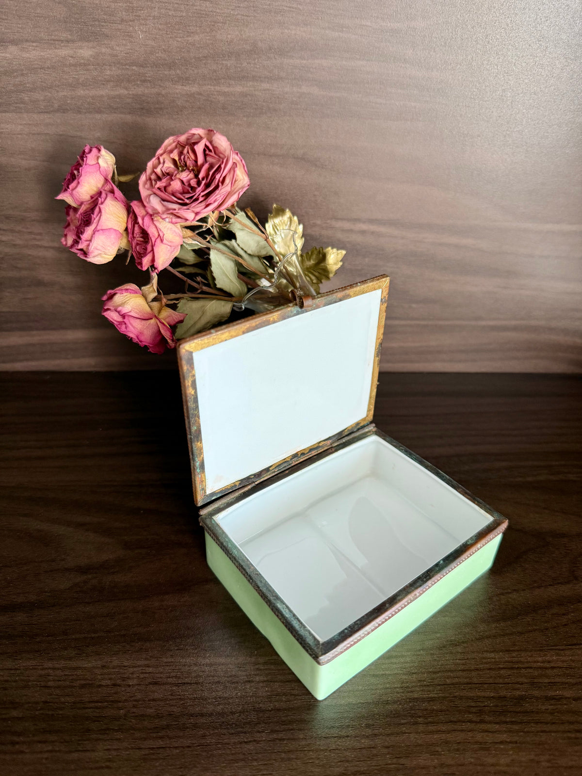 Antique European French Style Green Porcelain Jewelry or Trinket Hinged Box