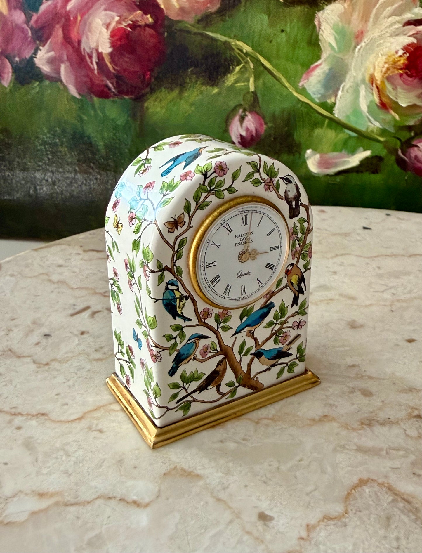 Halcyon Days Vintage Enamel Table Clock with Hand-painted Birds and Flowers Design