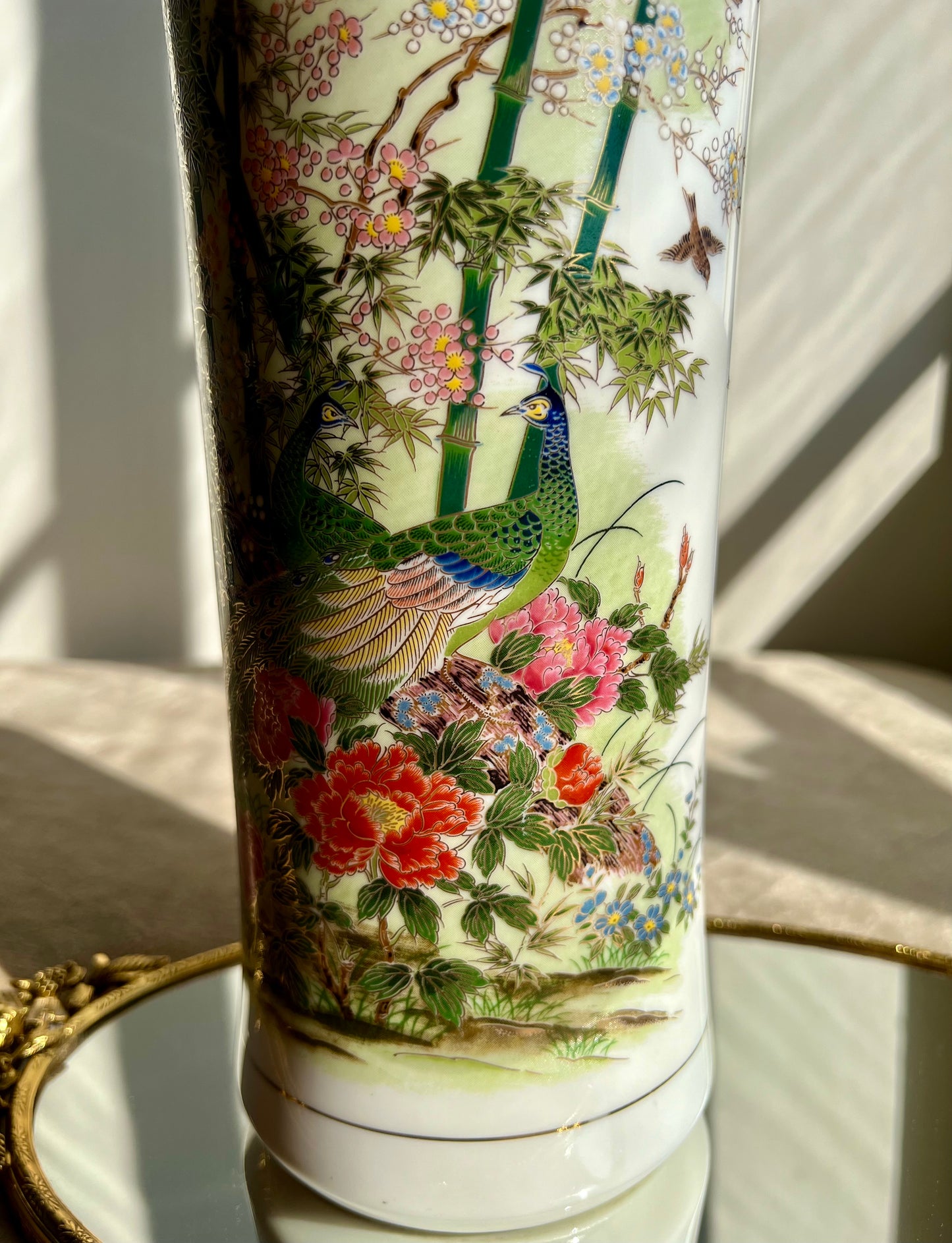 Gold Trim Vintage Peacock Tall Porcelain Japanese Vase