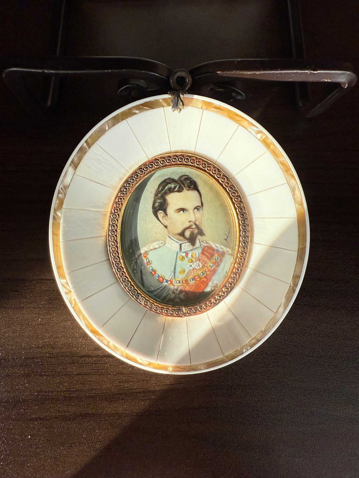 19th-century Antique Miniature Painting Portrait of King Ludwig II of Bavaria with Mother-of-Pearl Frame