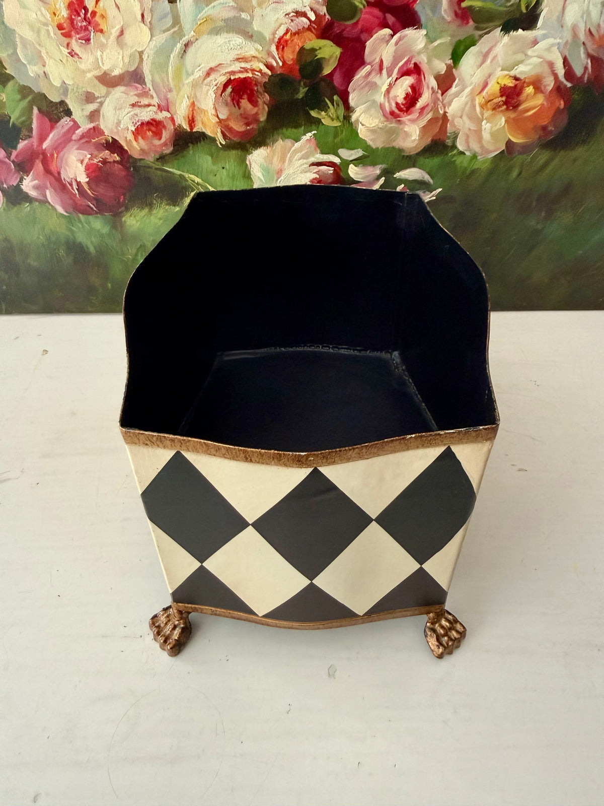 Vintage Hand-painted Metal Flower Pot/Planter with a Harlequin Pattern and Claw Feet