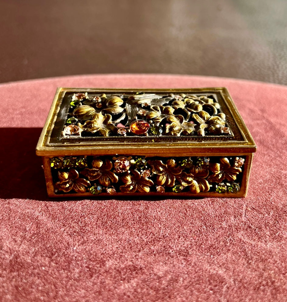 Enameled Vintage Metal Jewelry/ Trinket Box with Colorful Rhinestone Jewels