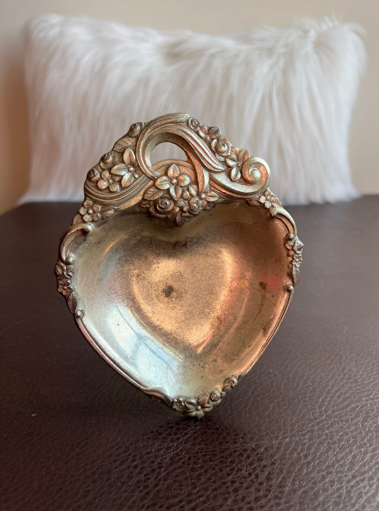 Italian Style Silver Plated Metal Heart Shaped Vintage Change Dish, Bon Bon Dish or Jewelry Holder