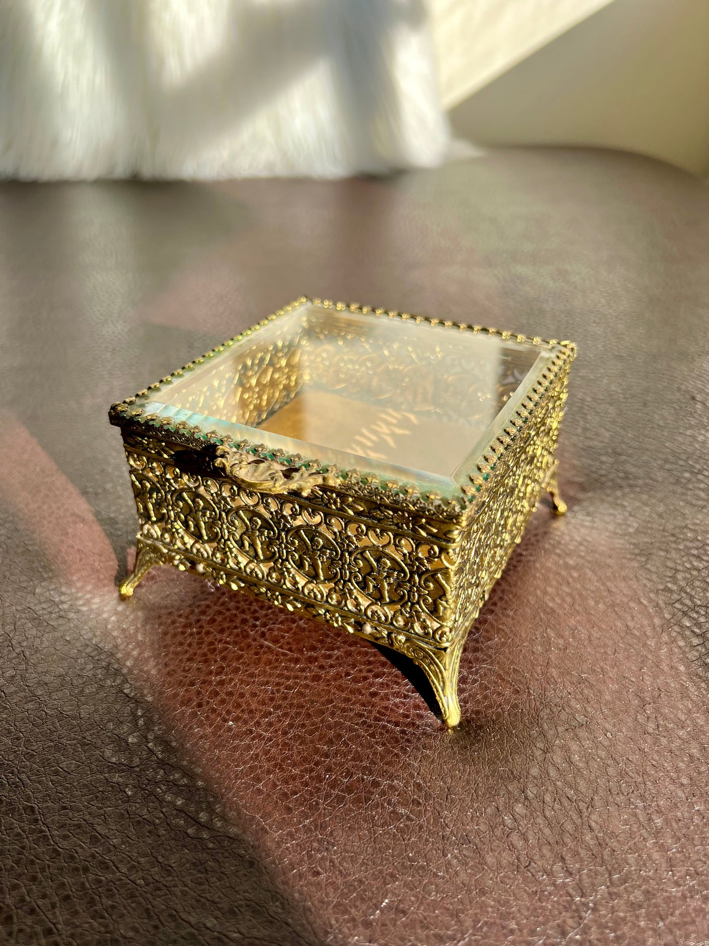 Gold Plated Filigree Ormolu Vintage Jewelry Box Square Footed with Velvet Lining Hinged Lid, Hollywood Regency StyleBuilt Style