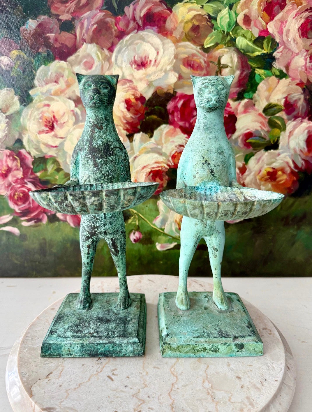 Antique Diego Giacometti-Style Patinated Bronze "Cat Butler" Statues, often used as Soap Dishes, Business Card Holders, or Trinket Trays - This price applies to a single item only!