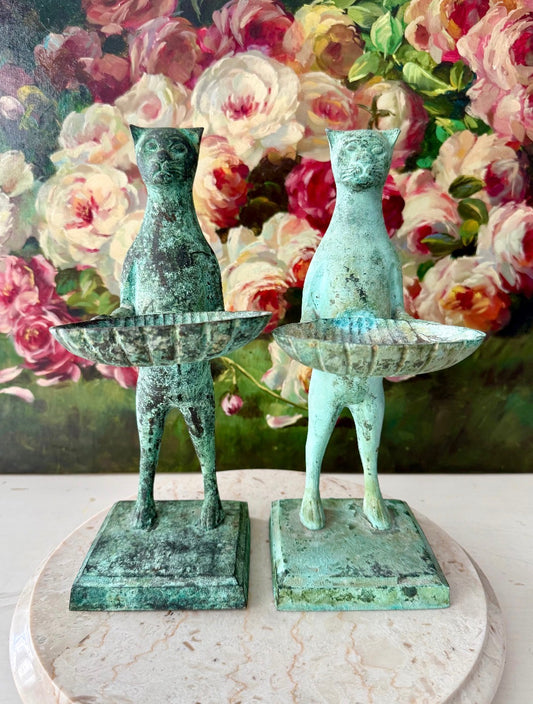 Antique Diego Giacometti-Style Patinated Bronze "Cat Butler" Statues, often used as Soap Dishes, Business Card Holders, or Trinket Trays - This price applies to a single item only!