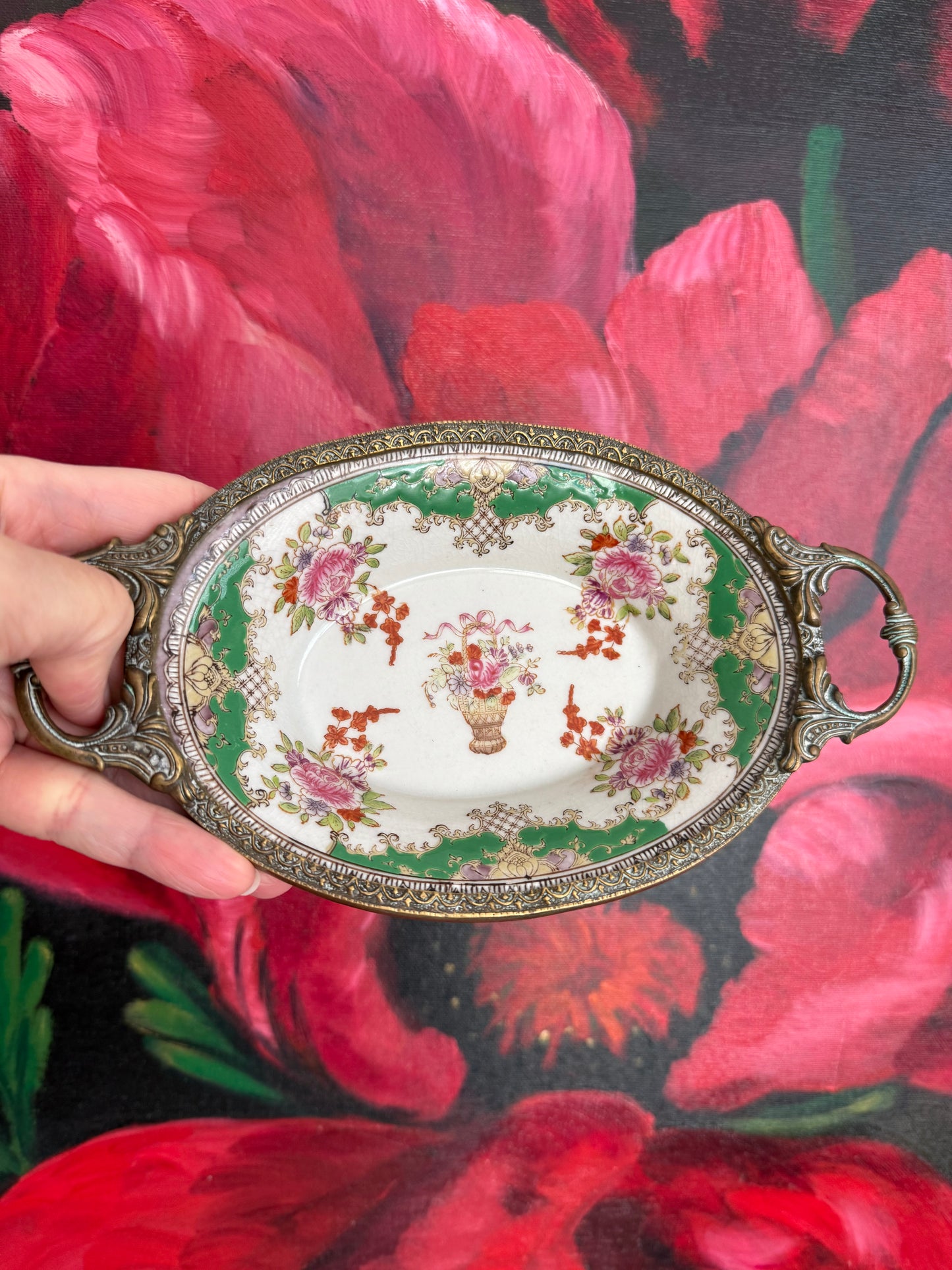 Vintage Floral Roses Motif Porcelain Oval Soap Dish with Brass Feet and Twin Handles