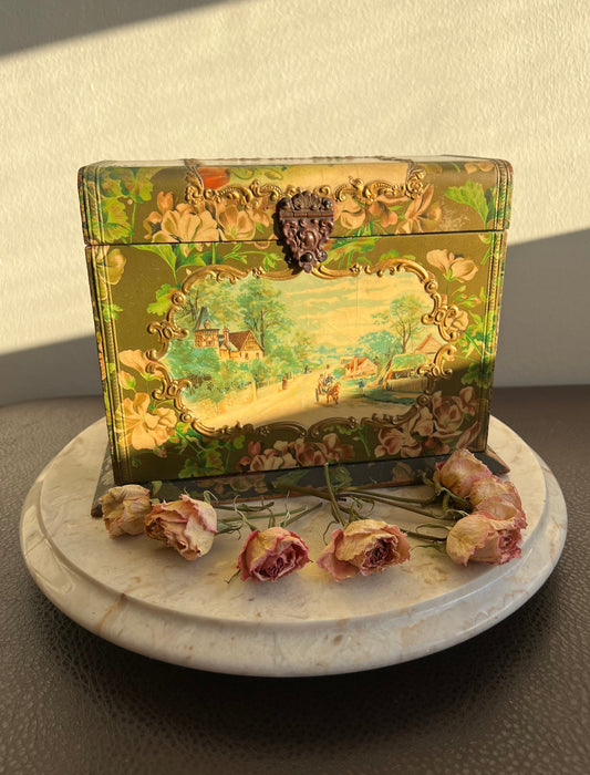 Antique Wooden Decorative Wallpaper Covered Recipe or Trinket Box with Floral Motif and Gilded Painting Design