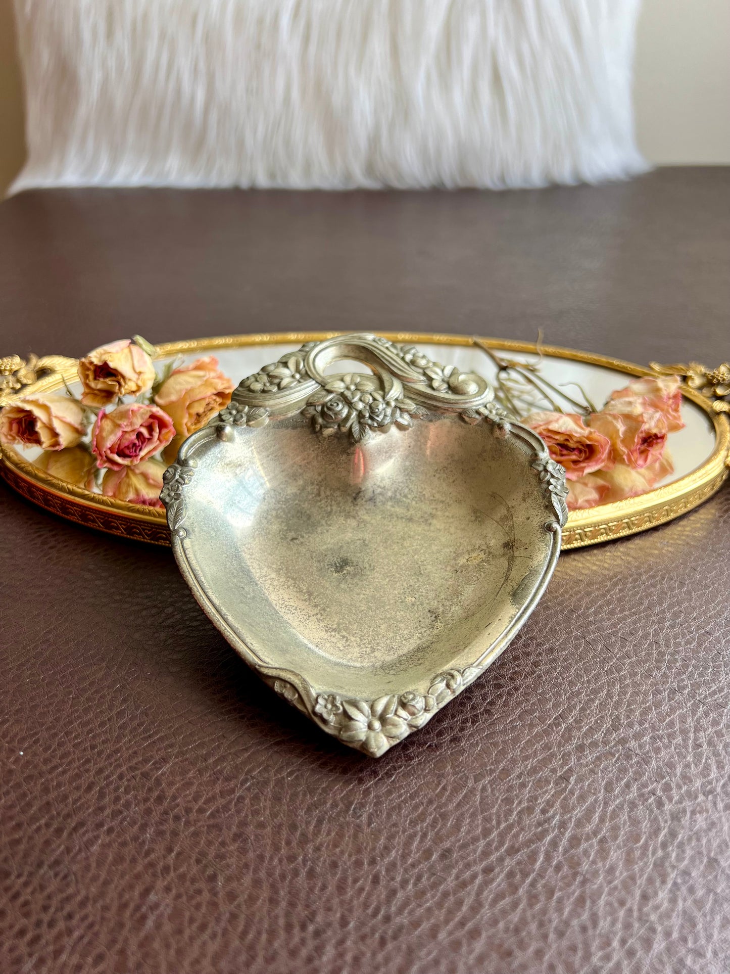 Italian Style Silver Plated Metal Heart Shaped Vintage Change Dish, Bon Bon Dish or Jewelry Holder