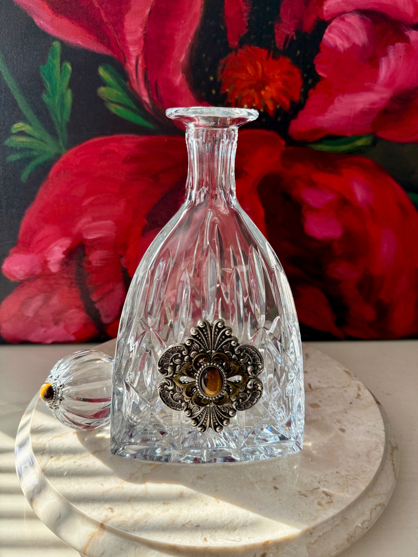 Ann Cichon Dallas Vintage Crystal Decanter with Stopper and Silver Tone Metal Jewels and Stones