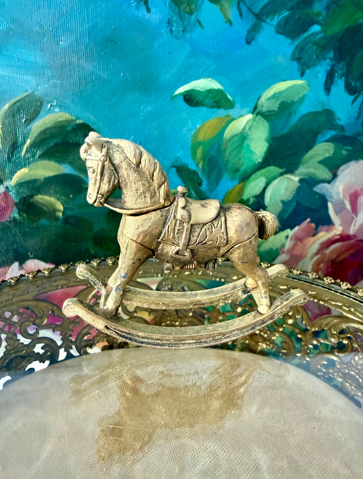 1970s Vintage Max Factor Gold-toned Metal “Rocking Horse” Perfume Compact